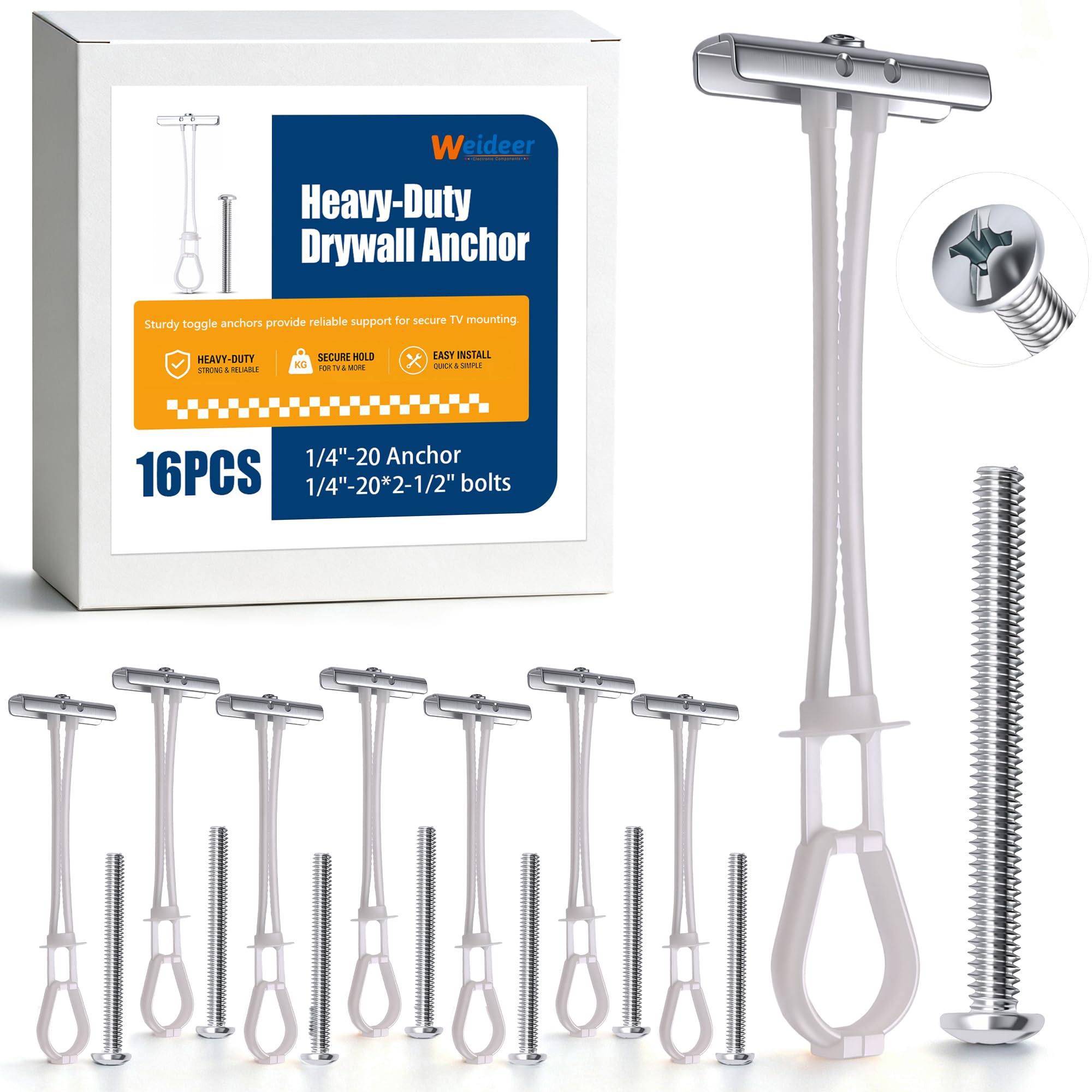 weideer 16PCS 1/4"-20 Heavy Duty Toggle Anchor with Bolts,Drywall Anchor, Zinc-Plated Steel,Adjustable for Up to 3/8" to 3-5/8" Walls for TV Mounting & Fixtures,270lbs Each (Pack of 8)