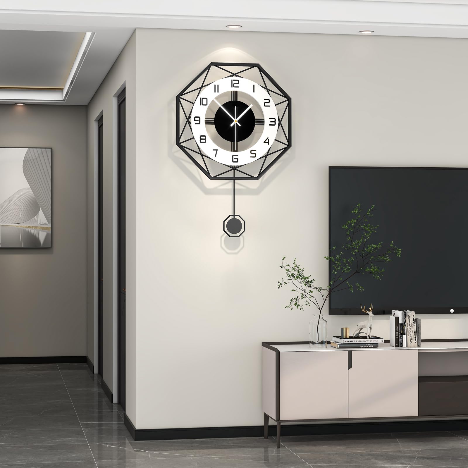Wanduhr Groß Modern Schwarz für Wohnzimmer Holz ohne Tickgeräusche | 43cm Uhrwerk für Wanduhr mit Pendel Lautlos ohne ticken , pendeluhr wanduhr aus Metall für Schlafzimmer Küche Dekorative