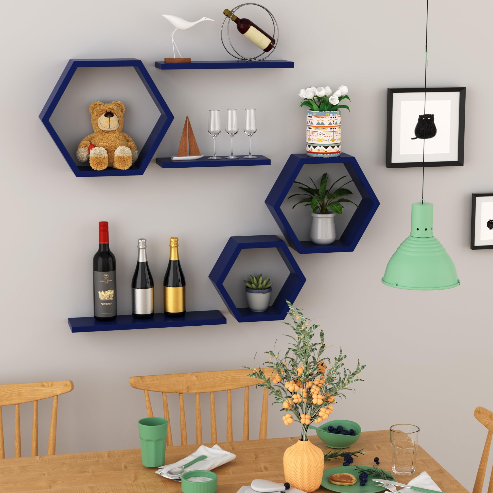 Hexagon Floating Geometric Honeycomb Shelves - Hexagon Floating Shelves Wall Mounted, Honeycomb Wall Shelves Set of 6, Geometric Floating Shelves for Wall Decor, Navy Blue Honey Comb Shelves for Home