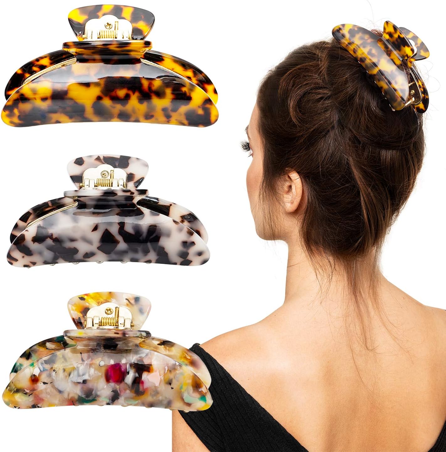 3 PCS Hair Banana Claw Clip for Women, Tortoise Shell 3.5" Hair Grip Leopard Print Barrettes French Vintage Design Large Hair Jaw for Thick Thin Curly Straight Long Hair