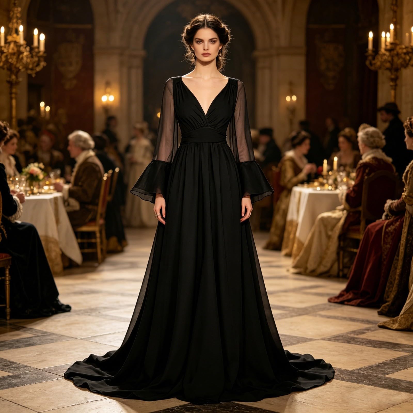 Elegante Abito da Sera a Maniche Lunghe di European Court Attire per Cosplay ed Eventi a Tema.