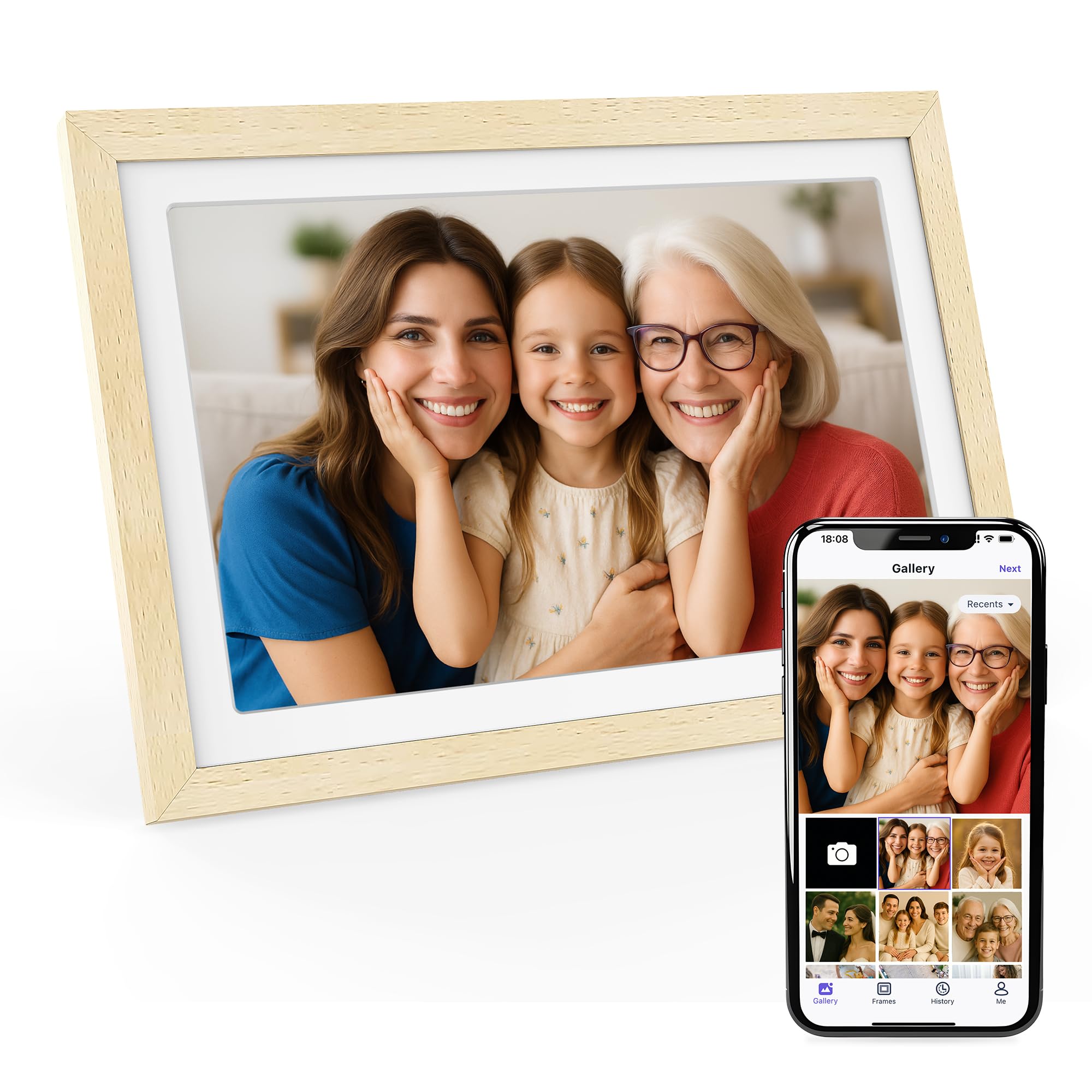 XORO 10,1 Zoll WiFi Digitale Bilderrahmen, 1920x1080 Full HD 1080P IPS Touch Display, 32GB Speicher, Automatische Rotation, Buchenholz, Teilen Sie Fotos sofort von überall aus