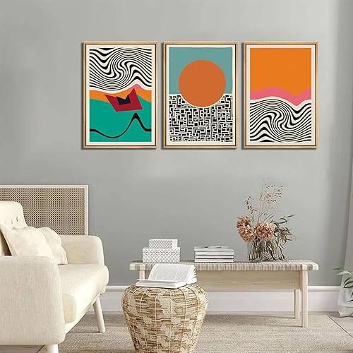 Miniatura 3 de 3 piezas de lienzo bohemio de mediados de siglo, arte de pared abstracto con bloques de color, geométricos, impresiones coloridas y simples líneas