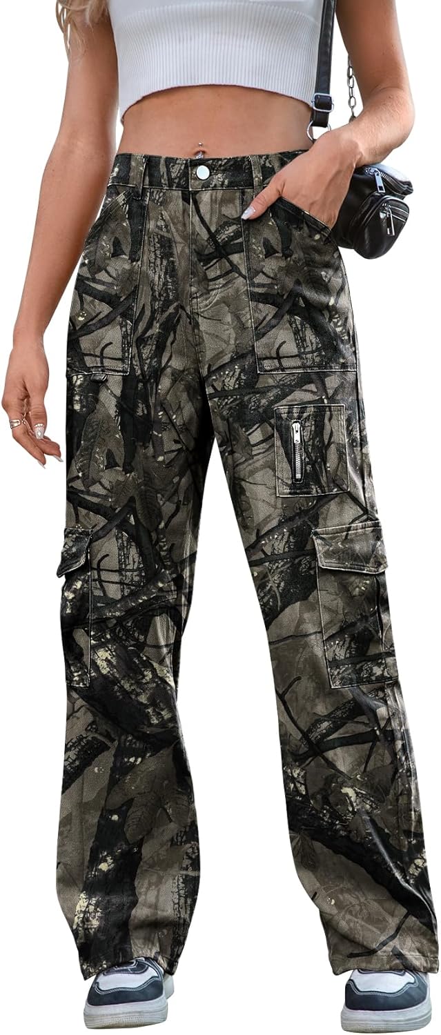 IVIR Cargo Pants Women High Waist Wide Leg Casual Pants with 7 Pockets Stretchy Drawstring Baggy Y2K Trousers