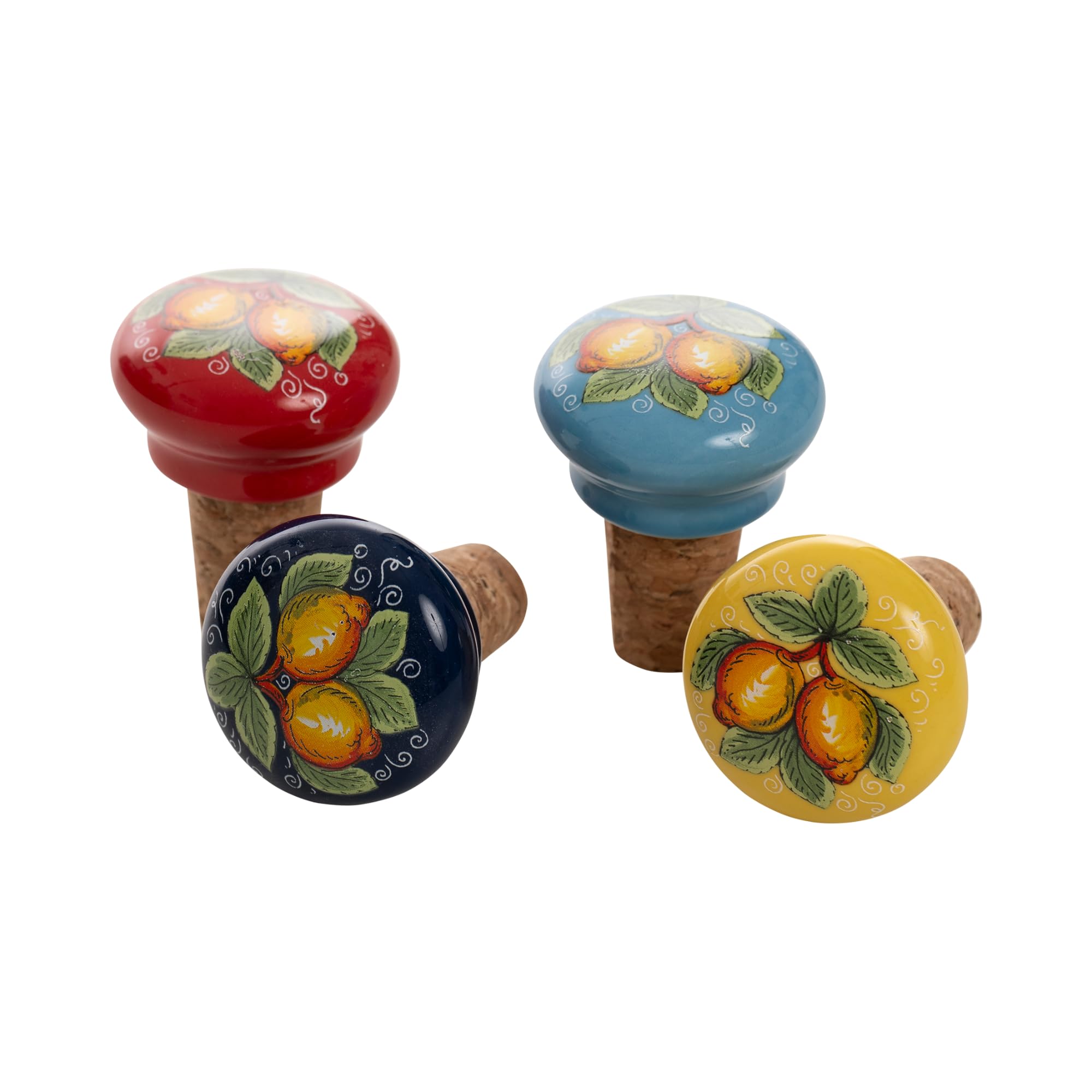 Set mit 4 Flaschenverschlüssen, Keramik und Kork, mediterrane Zitronendekoration, sortiert - SF166