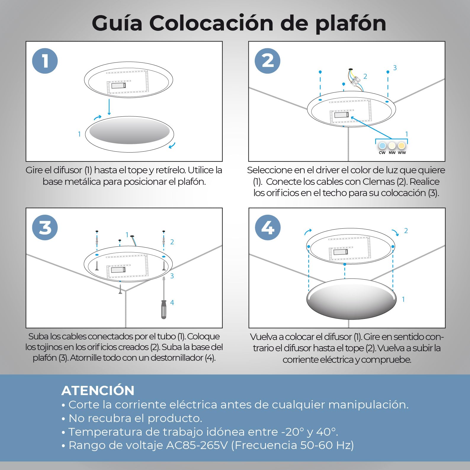 LED ATOMANT 4x Plafon LED Superficie 38cm 36W CCT 3000-6500K 3600lm Baño | Con Selector de color CCT, Driver incluido