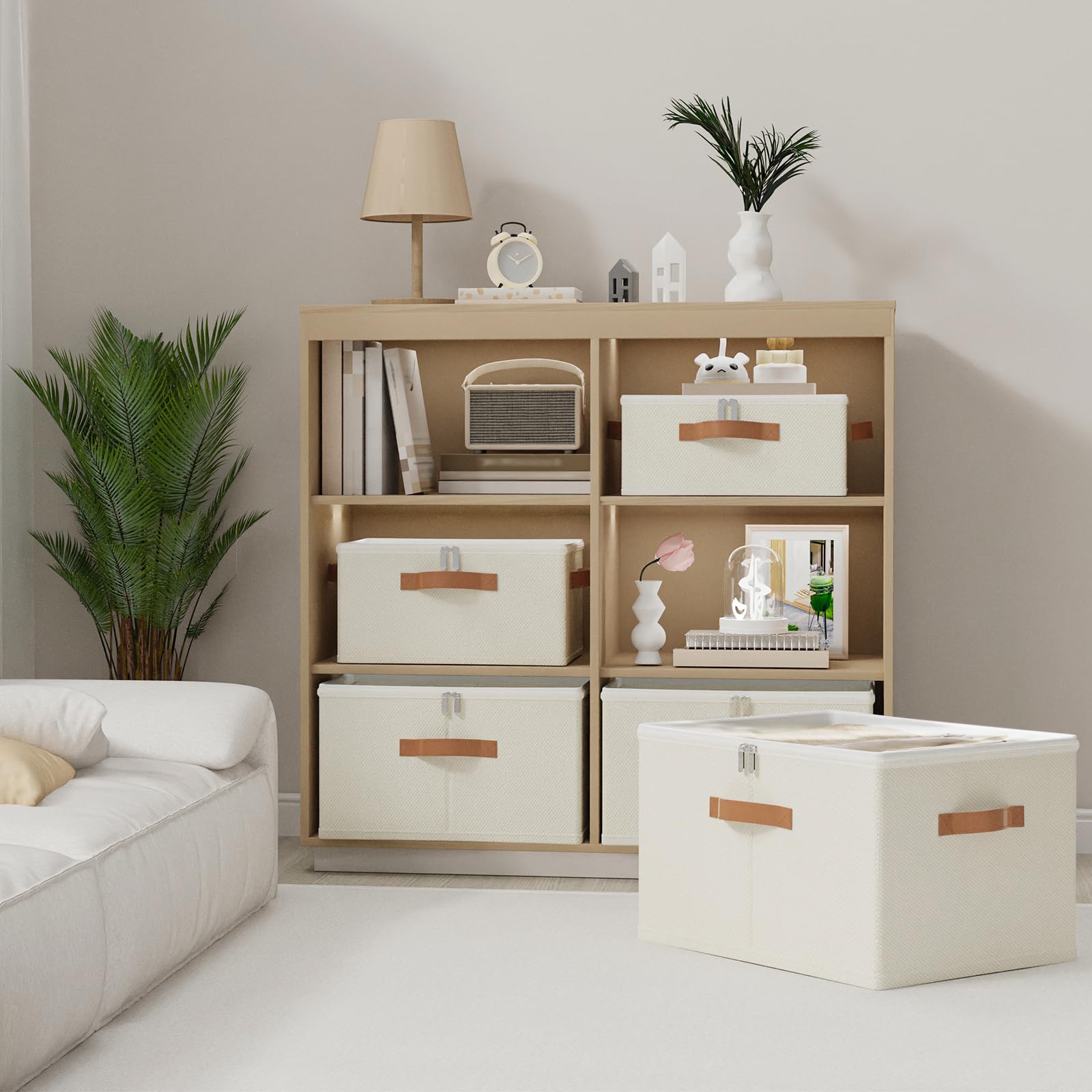 OUTBROS 2 Set Scatole Portaoggetti, Scatole Pieghevole, 50x40x30 cm, Beige | Scatole armadio in tessuto con coperchio per vestiti, Cassettiera per armadio interno con maniglie