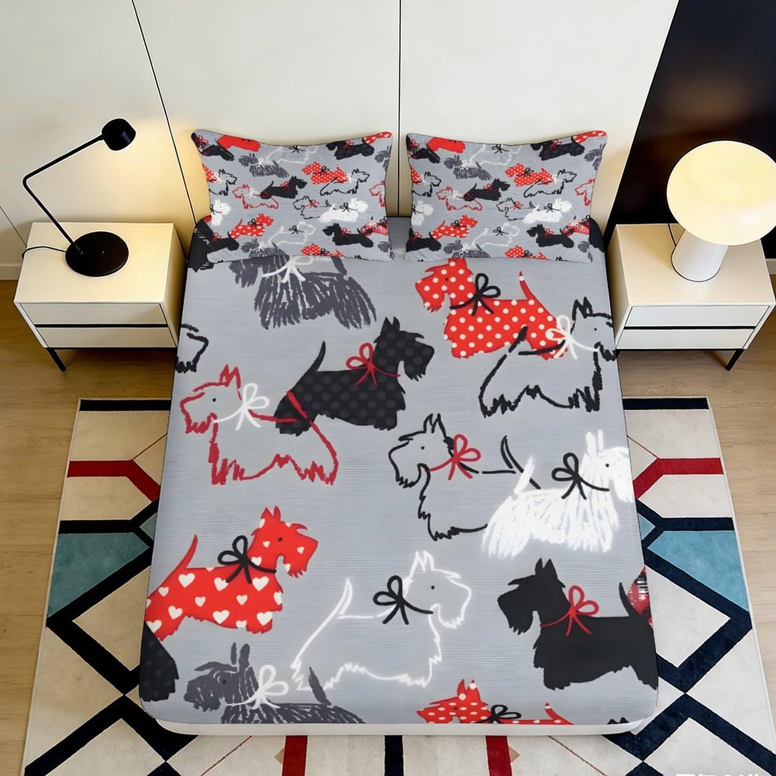 Pnayamiorkfel Style-3 3D Printed Scottish Terrier Dog Fitted Sheet Microfiber Grey Red Cartoon Bed Cover For Bedroom Guestroom Decor 90X200x25cm