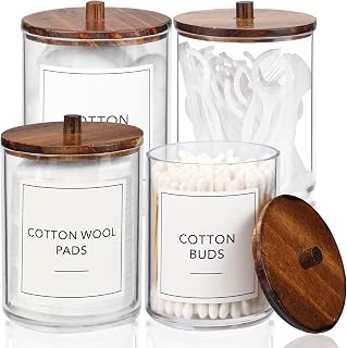 4 Pack Qtip Holder Dispenser with Wood Lids - 10 oz Clear Plastic Apothecary Jar Containers for Vanity Makeup Organizer Storage - Bathroom Accessories Set for Cotton Swab,Pads, Ball, Floss