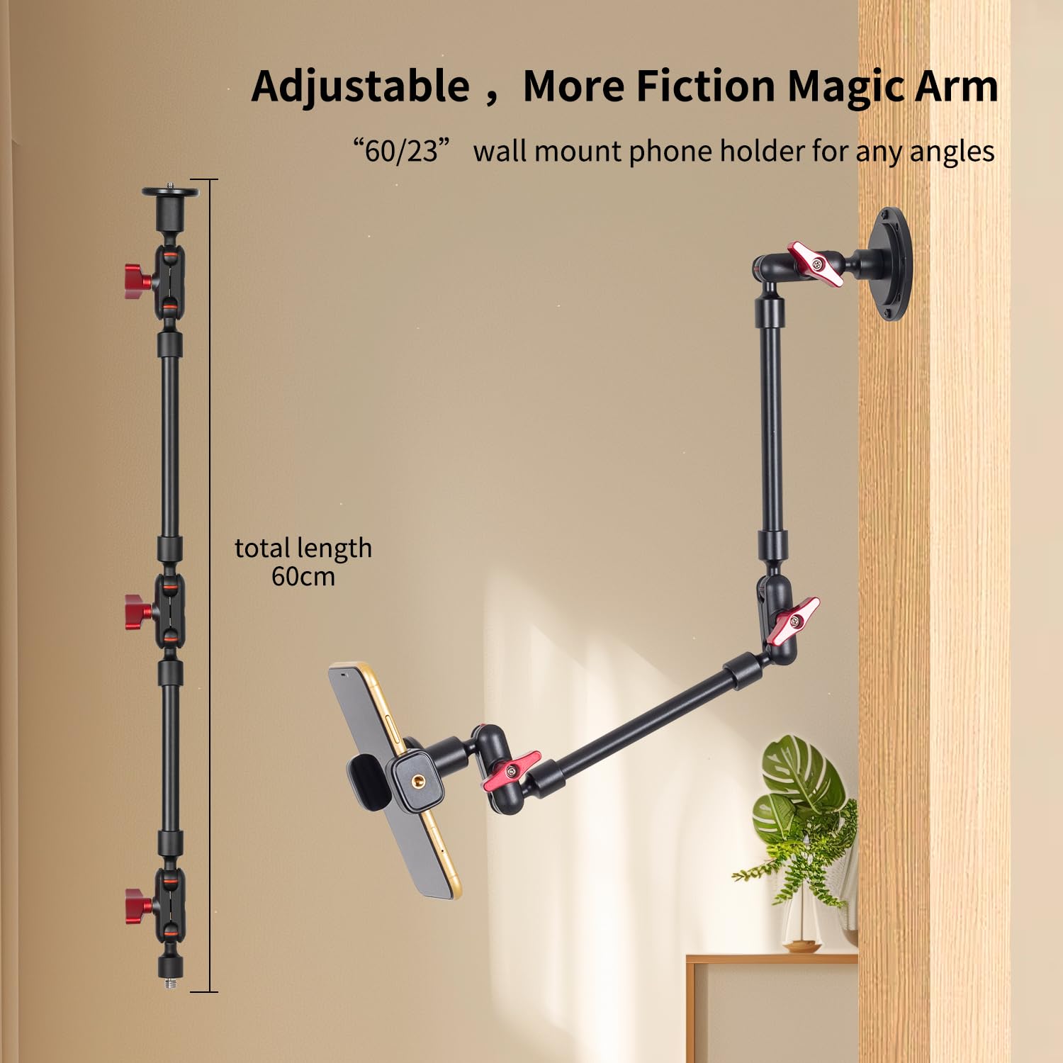 Soporte de teléfono móvil ajustable para escritorio, montaje en pared y soporte de techo para teléfono y otros smartphones (base de metal + 2 brazos mágicos + clip de metal)