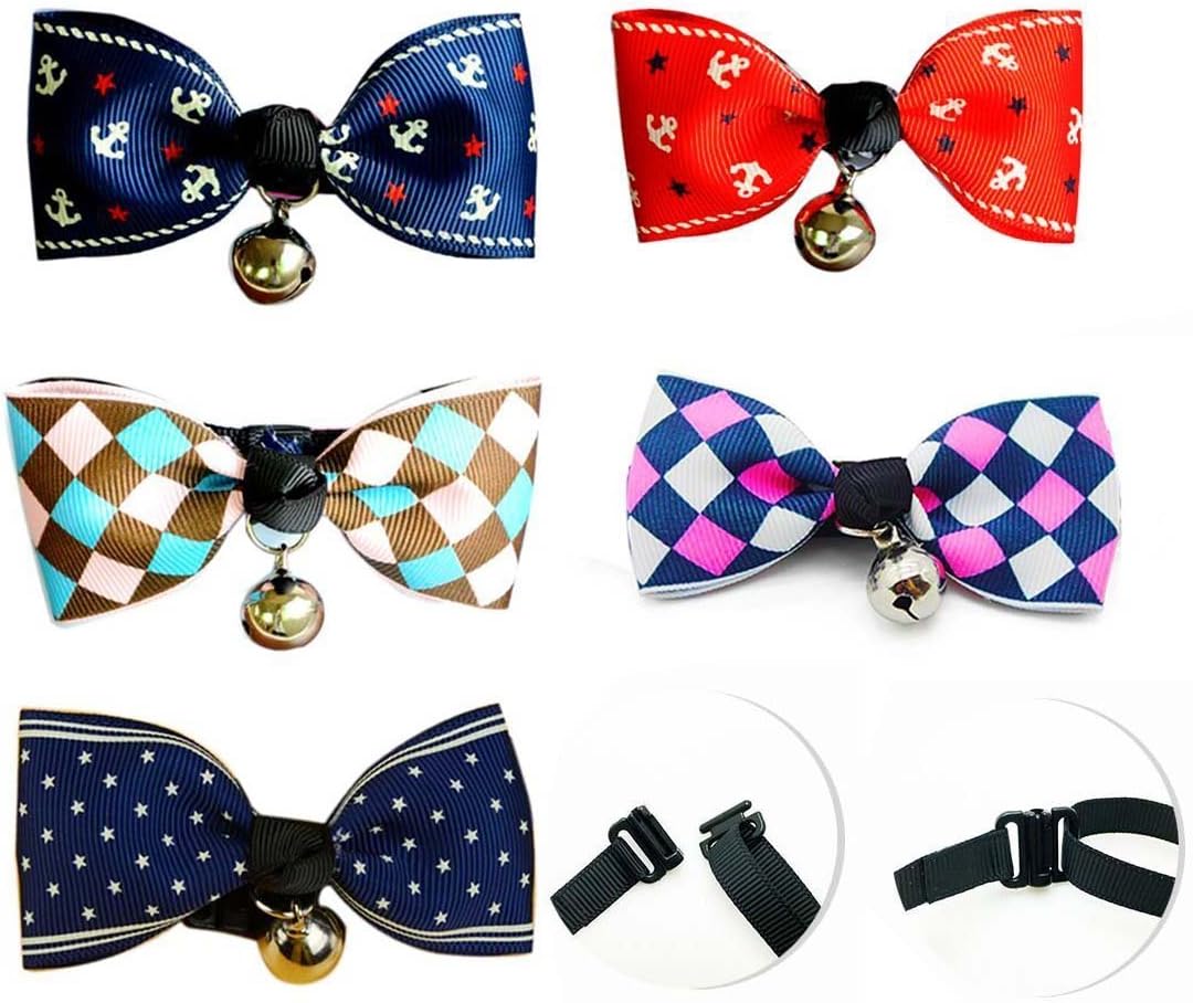 Liaoshanshan Pet Multiple Designs Adjustable Dog Bowtie Puppy Cat Collar with Bells for Wedding Party Grooming Accessories … (Anchor & Grid)