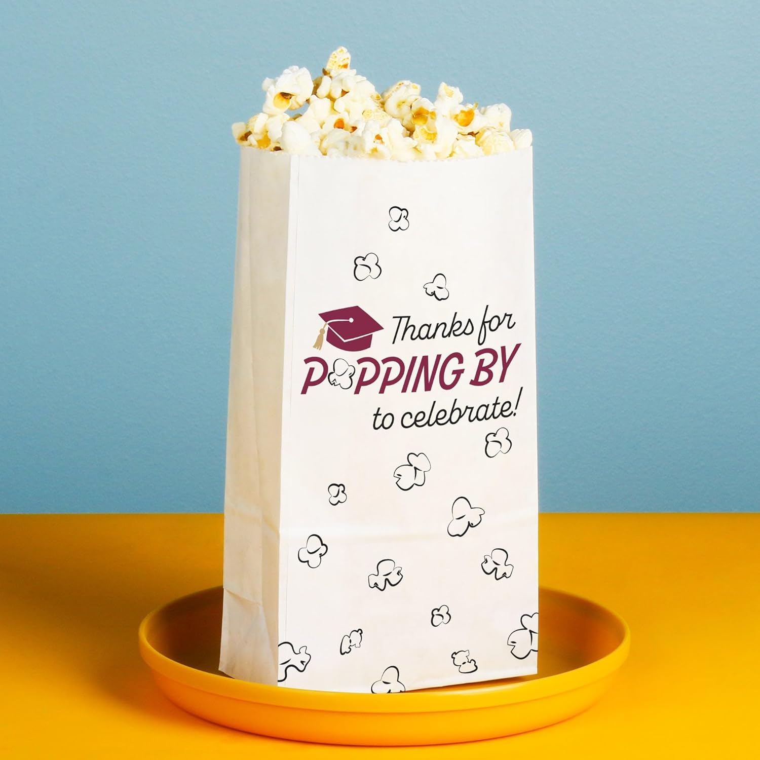 Big Dot of Happiness Maroon Grad Thanks for Popping by Popcorn Bags, Burgundy Graduation Party Favor Snack Treats, Free-Standing Individual White Paper Bags - 25 Count