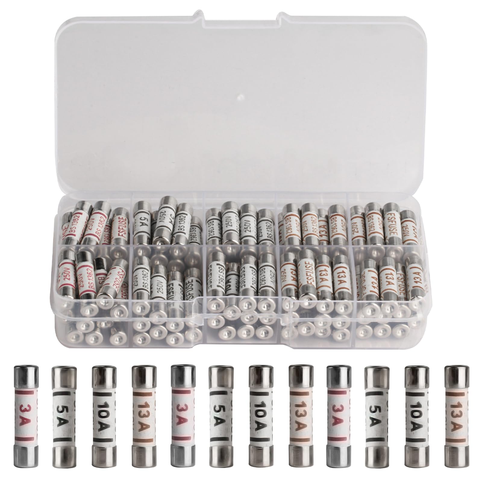 100 PcsFuses 13/10/5/3 Amp Fuses Mixed Household UK, BS1362 Fuse Set