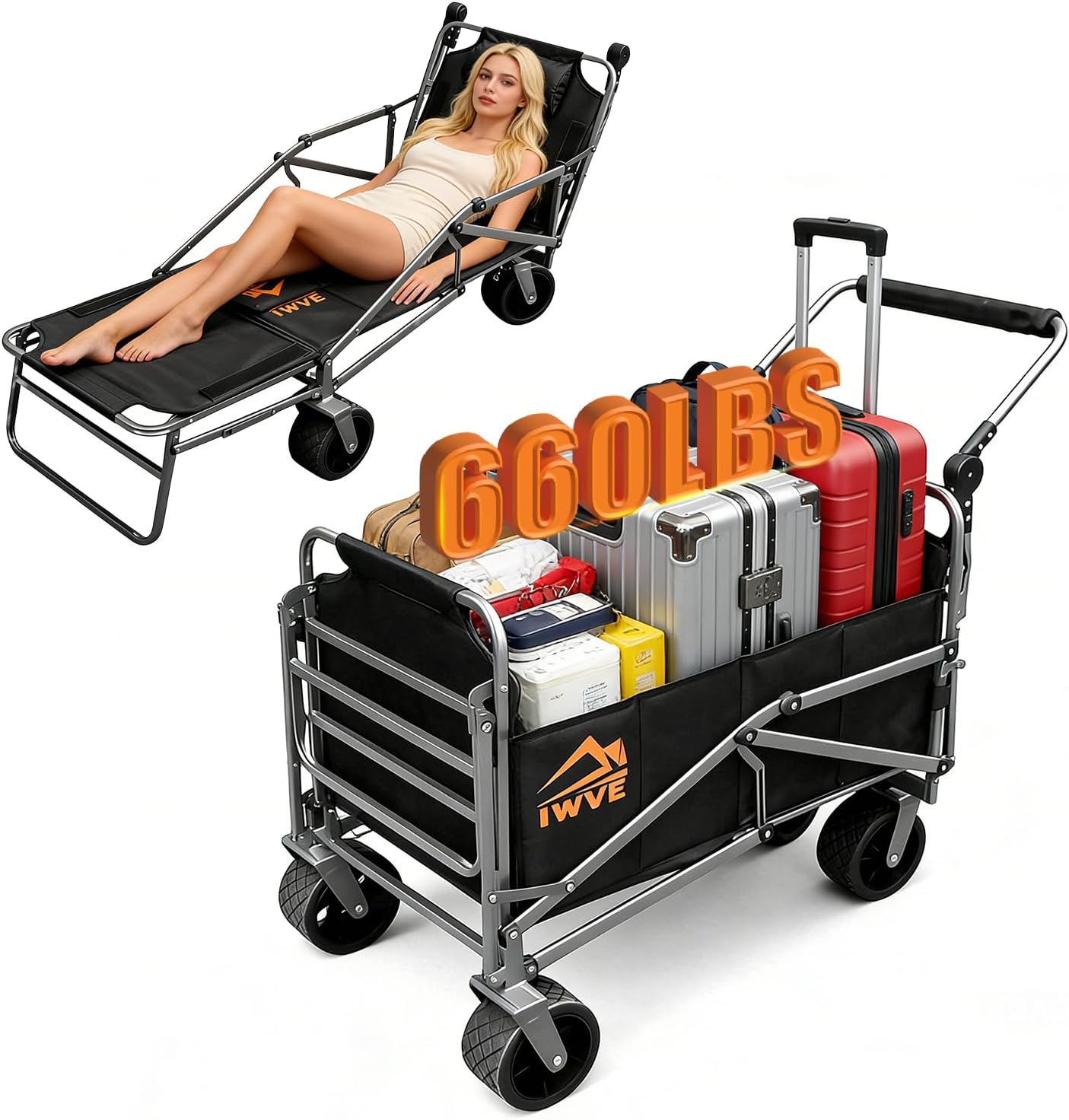 Heavy Duty Folding Wagon Cart 660 lb Capacity, 3-in-1 Collapsible Utility Wagon with Adjustable Handle and All-Terrain Wheels for Camping, Beach, Grocery, Outdoor Use