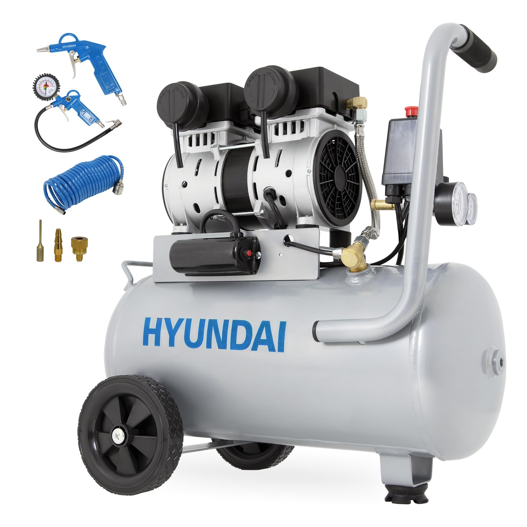 HYUNDAI Silent Kompressor SAC15024 SET | 24L Kessel | 1.5kW (2PS), 9bar | 202 L/Min Ansaugleistung | Luftkompressor leise, ölfrei | 1 Anschluss | geräuscharmer Flüsterkompressor | mit Zubehör