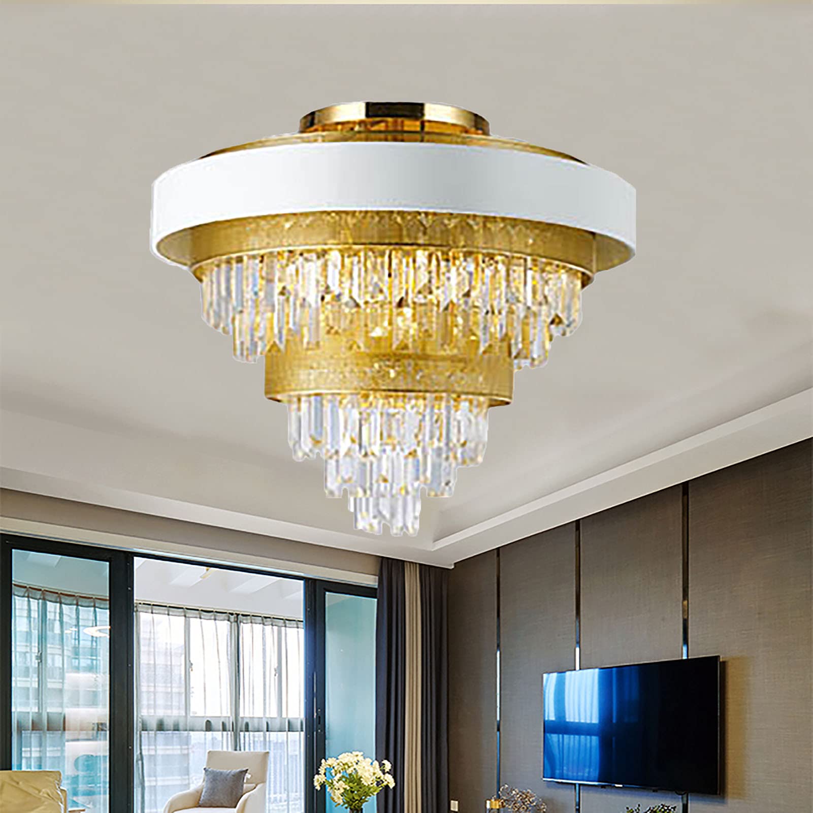 Nowoczesne kryształowe żyrandole sufitowe, przezroczyste kryształowe lampy K9 Flush Mount, elegancka okrągła lampa wisząca LED do salonu, jadalni, sypialni, salonu - biała 62x60cm