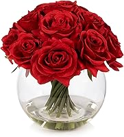 Vista 7 de ENOVA FLORAL Flores artificiales de seda de 16 cabezas en jarrón, arreglo de rosas sintéticas en jarrón redondo con agua sintética para centros