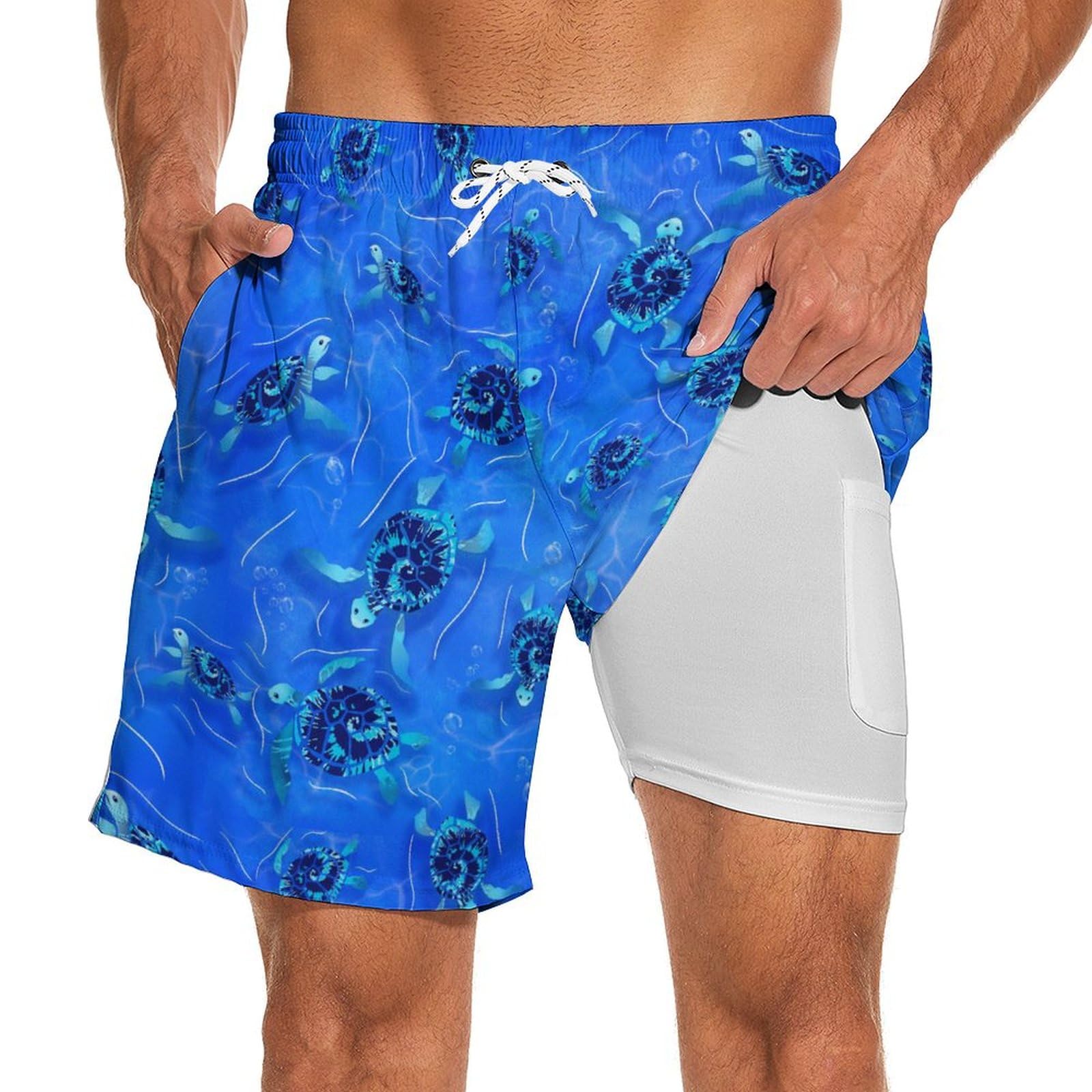 Sea Turtle Mens Swim Trunks with Compression Liner Stretch Swimming Shorts Quick Dry 7 Inch Inseam Swimsuit Board Sport Shorts