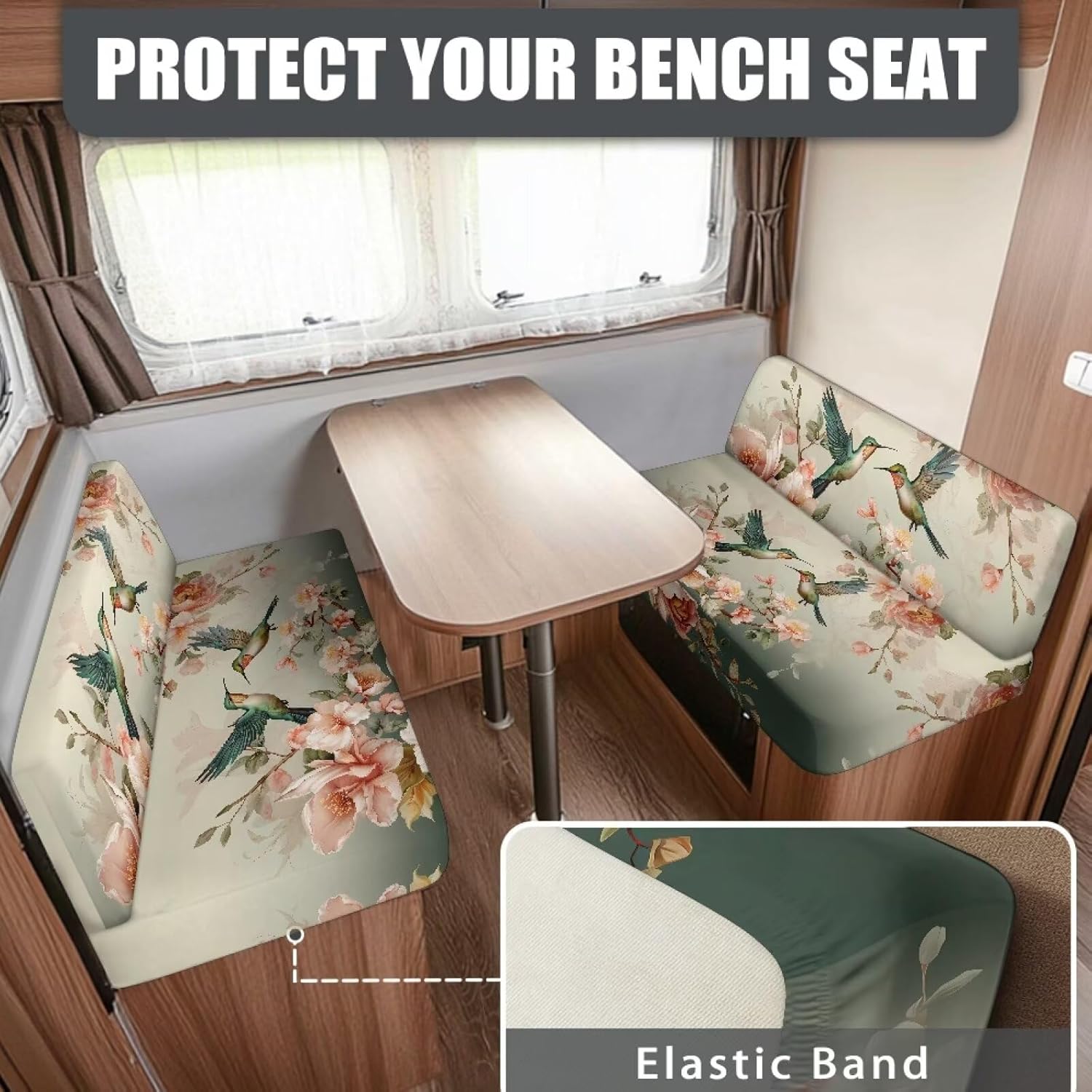 Peach Blossom Hummingbird Pattern RV Dinette Cushions Covers Soft Camper Seat Covers Dinette Booth Camper Cushion Covers Sofa Slipcovers Accessories for Travel Trailer Couch