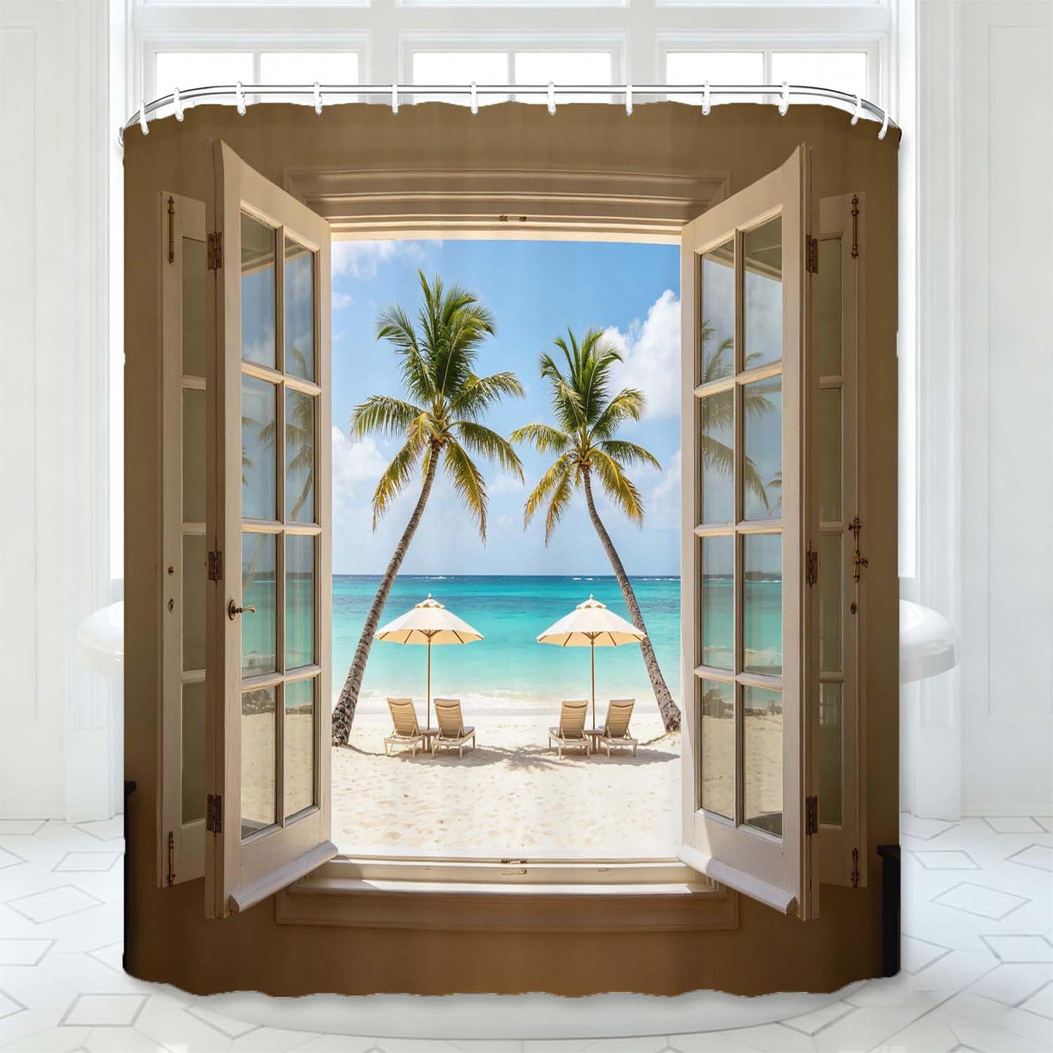 Rideau de Douche Anti Moisissure Vue de la Fenêtre, Rideau de Bain Hawaï 3D Rideaux de Douche en Polyester, Imperméable, Lavable en Machine, avec Crochets, 300 x 200 cm 275-YLP