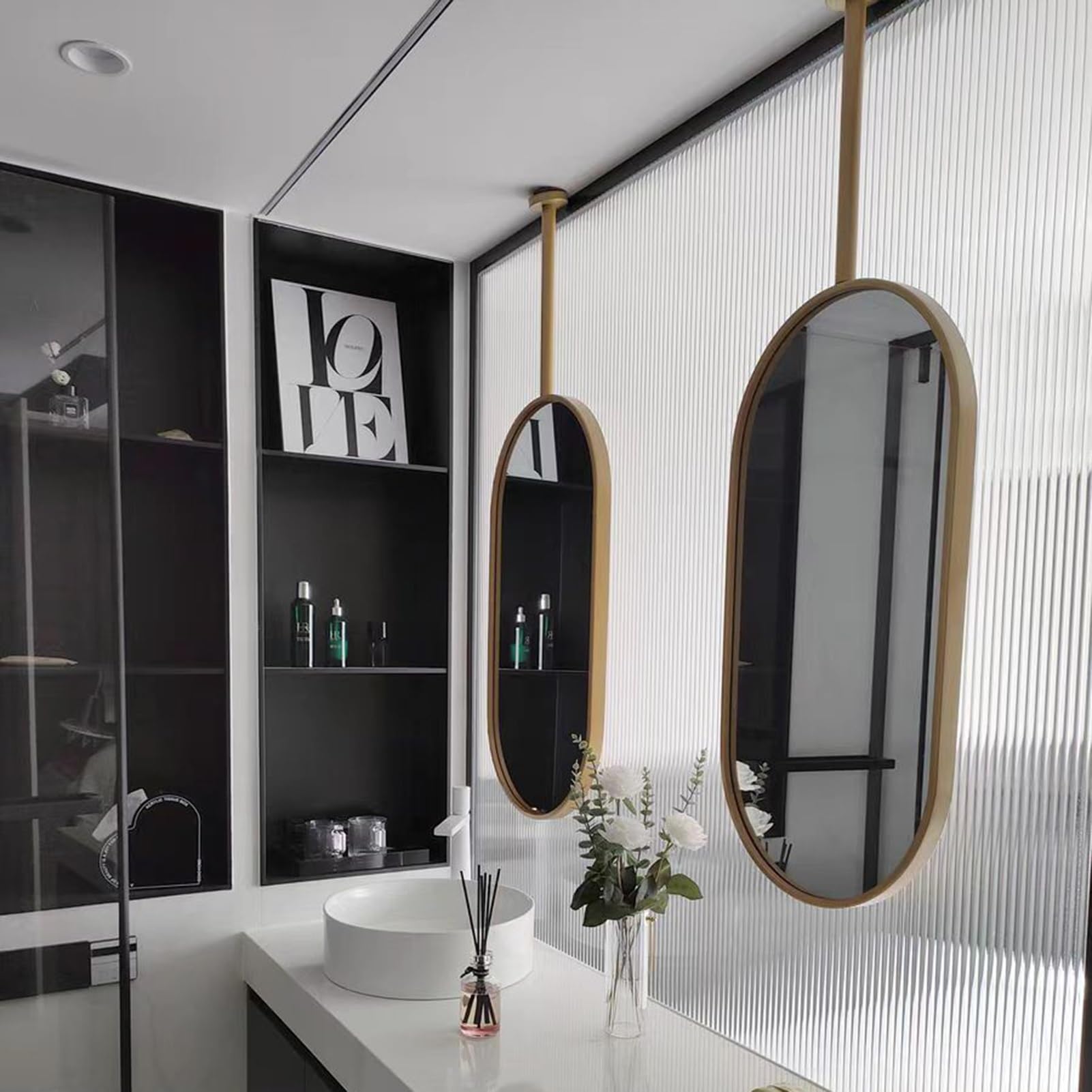 Espejo de Techo Ovalado con Marco de Metal, Espejo Flotante para baño (Dorado, 40 x 60 cm)