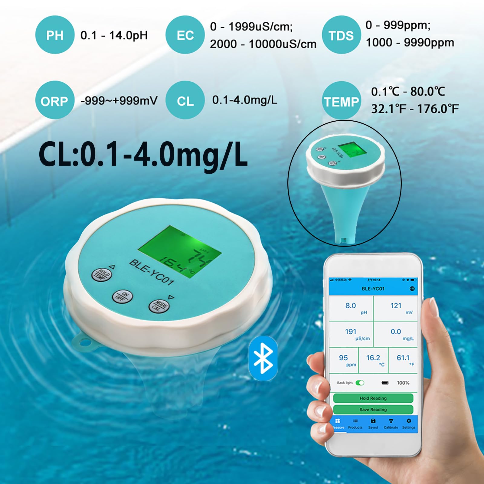 Tester PH Acqua qualità Rilevatore di qualità Acqua 6 in1 PH EC TDS ORP Temperatura Cloro Tester Acqua Multifunzione App Monitor Online for Piscina(6 in 1)