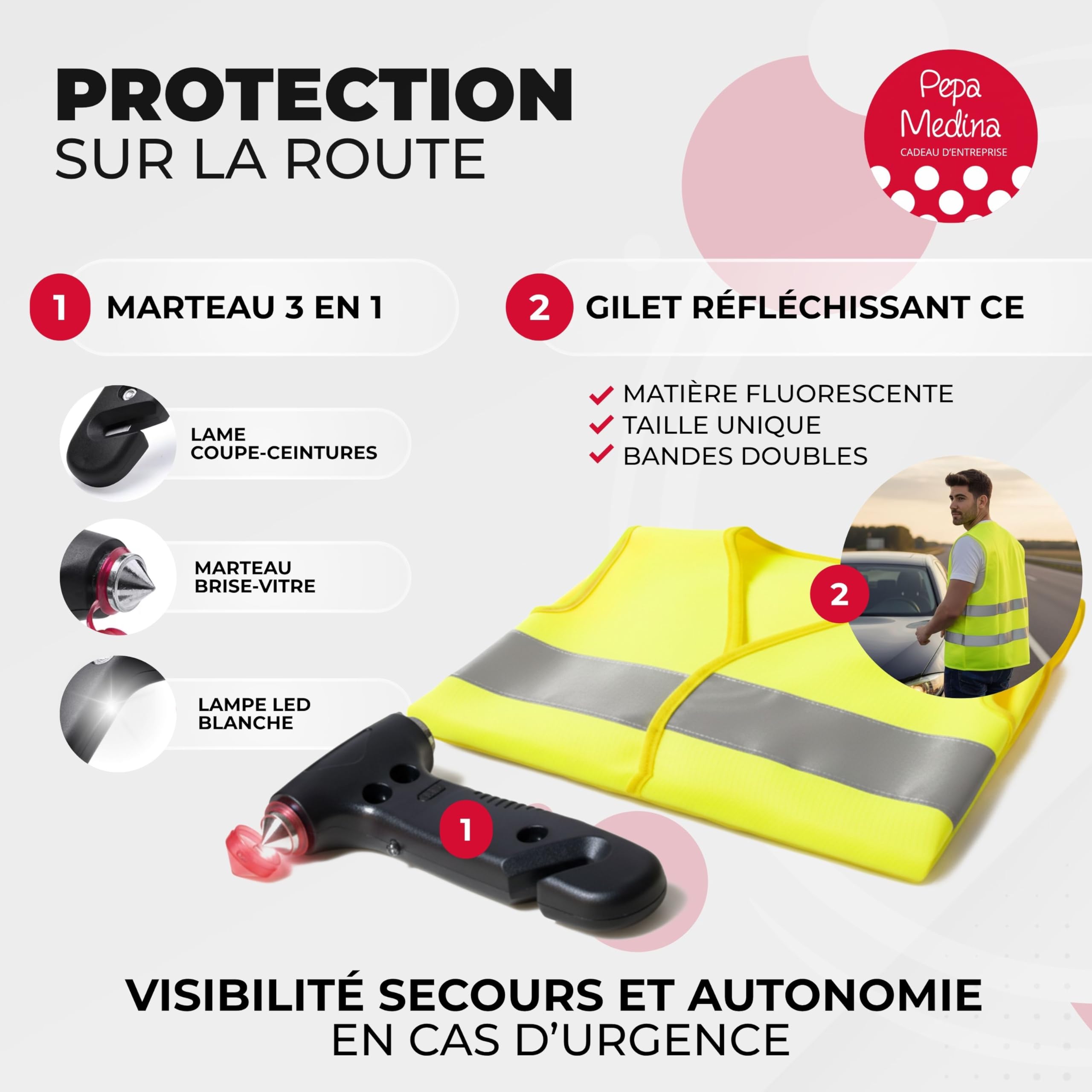 Kit d’Urgence et Sécurité Automobile : Balise V16 Géolocalisée Homologuée DGT 2026, Gilet Réfléchissant, Marteau de Sécurité Multifonction, Coupe-Ceinture, Lampe LED et Pochette Compacte