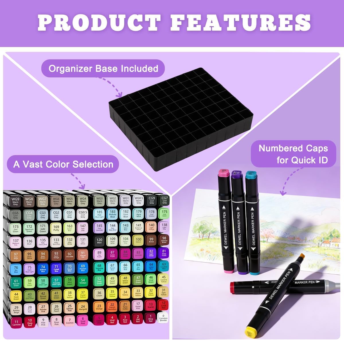 DEWEL 120 Farben Alkohol Marker Set - Doppelseitige Marker Filzstifte, Schnell Trocknende Marker - mit Skizzenbuch, Malbuch, Glitzerstifte und Fineliner - Ideal für Design, Malerei, Manga