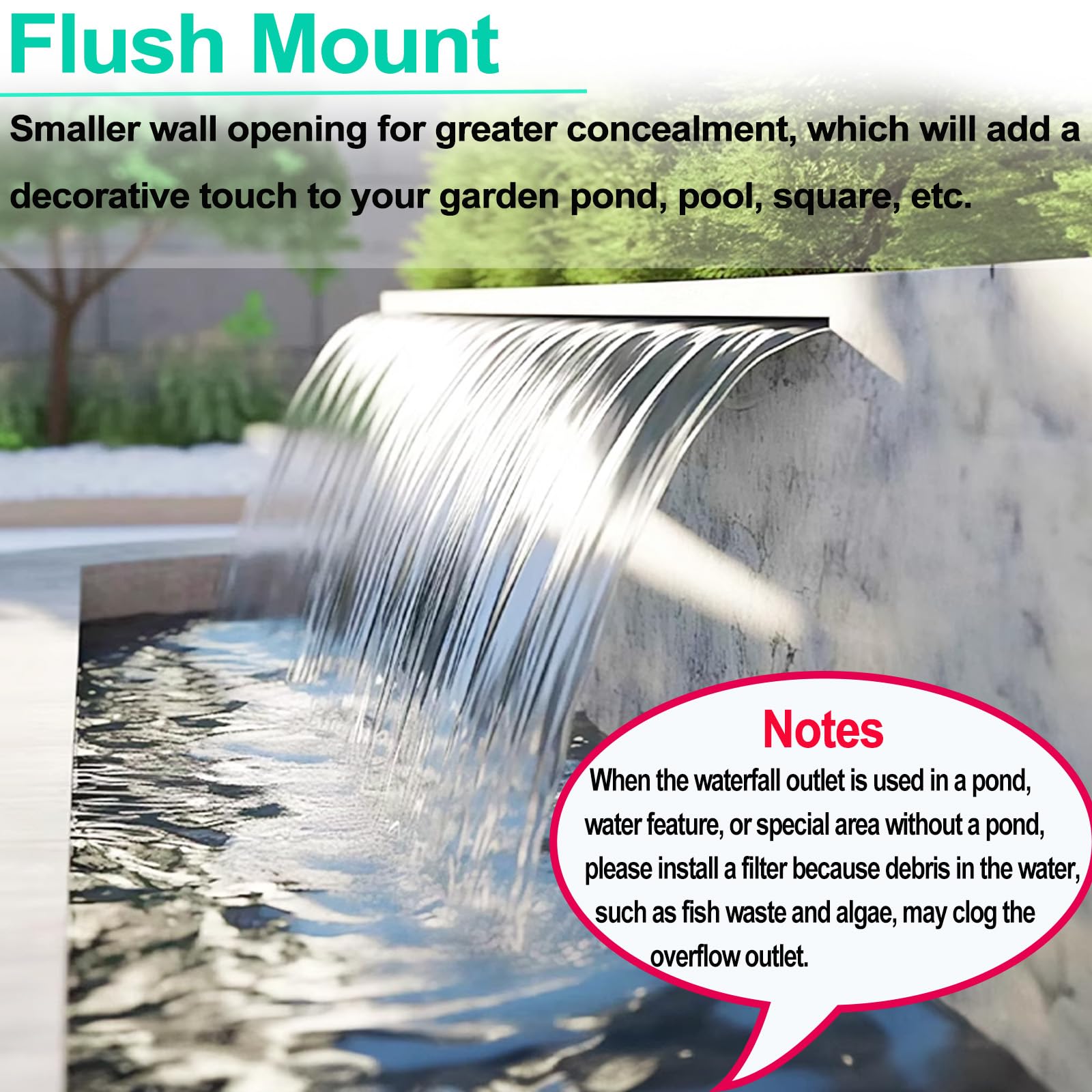 TYH Kit di Scarico a Cascata per laghetto, da Incasso a Parete, per laghetti da Giardino, Fontana a Cascata in Acciaio Inox per Piscina (20-200 cm)