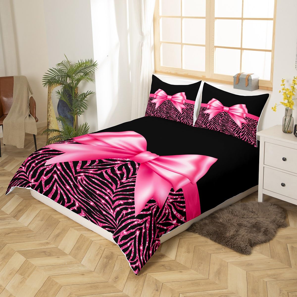 richhome Pink Glitter Print Duvet Cover Single Size with 1 Pillow Case Pink Bowknot Decor Bedding Set Pastel Print Comforter Cover Set Black for Boys Girls Kids Adults - Image 3