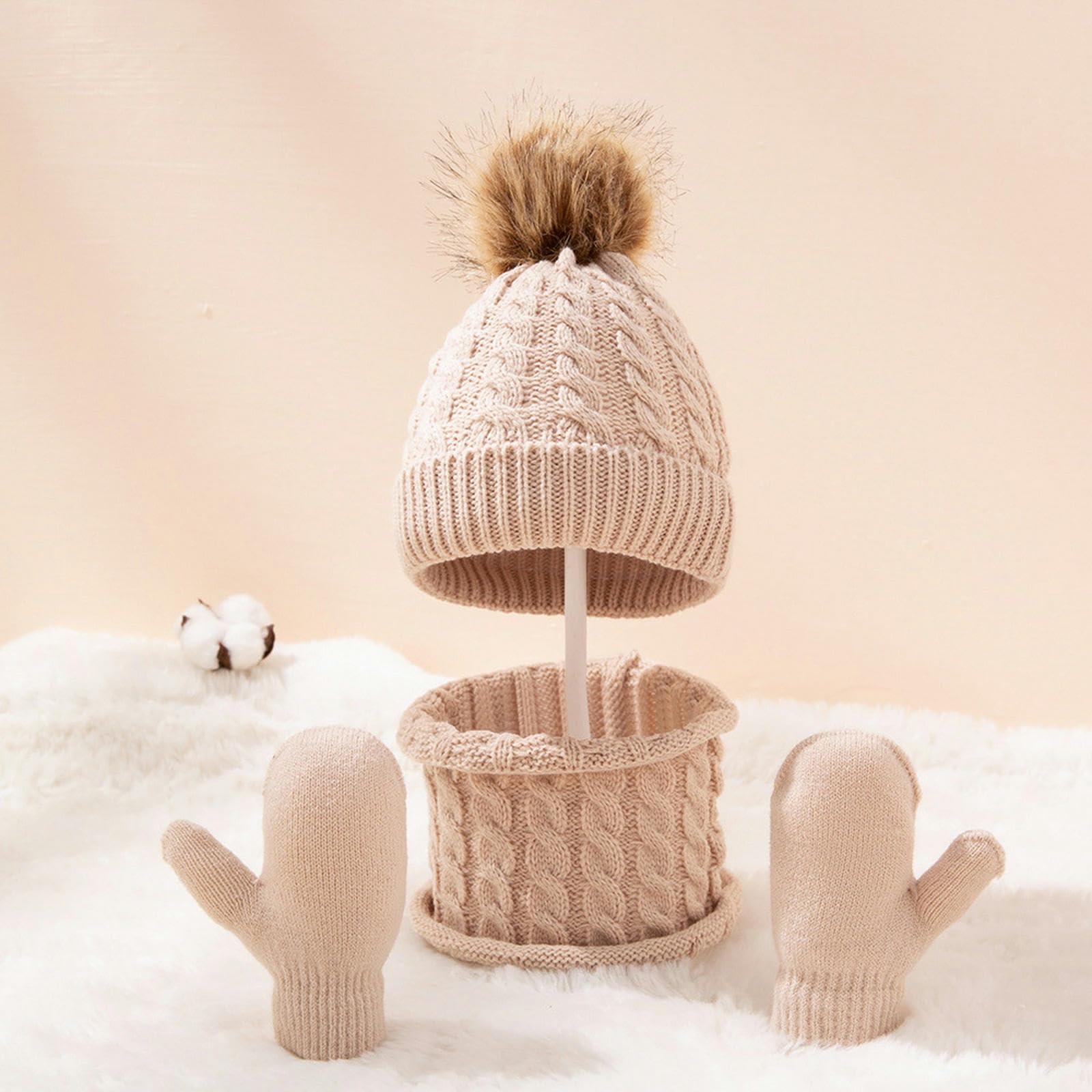 Baby Mütze Schal Handschuh Set für Baby Wintermütze, Schal Mütze für Neugeborene (Mütze Handschuh Beige 0A3 Jahre)