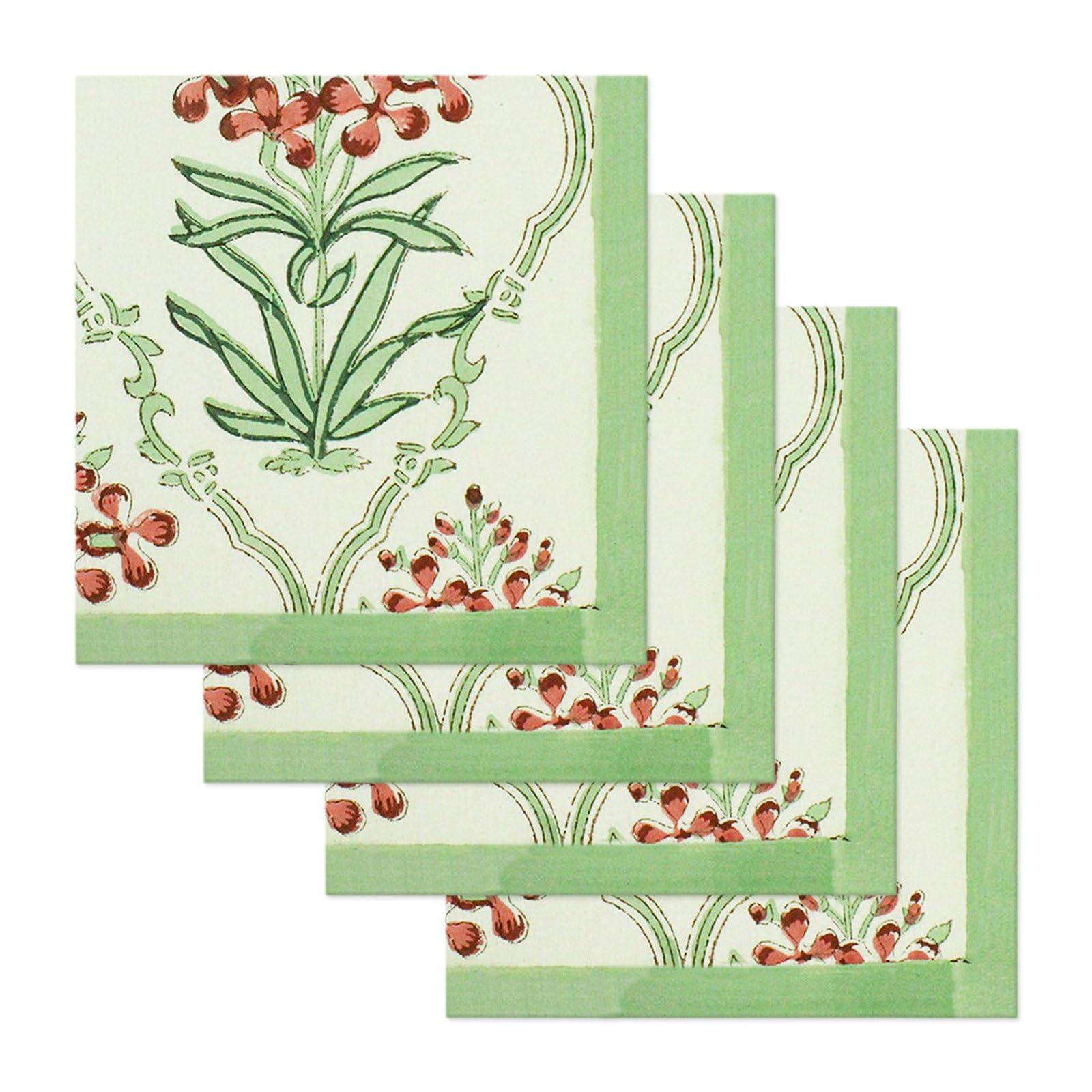 14x14 Inches Cotton Napkins Set of 4, Green White, Washable Hand Block Printed Reusable Cloth Napkins For Dinning, Party, Wedding, Restaurant, Cocktail, Home Decor Autumn Outdoor Valentine Gifts