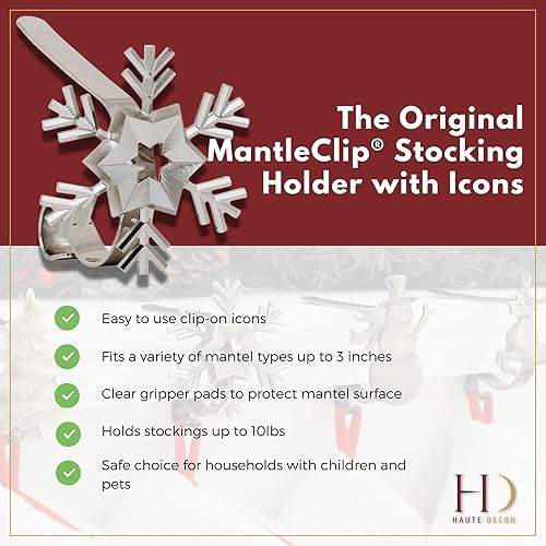 Miniatura 4 de Haute Decor MantleClip - Soportes para calcetines con iconos de vacaciones de aleación de zinc extraíbles (paquete de 4 iconos surtidos, plateado)