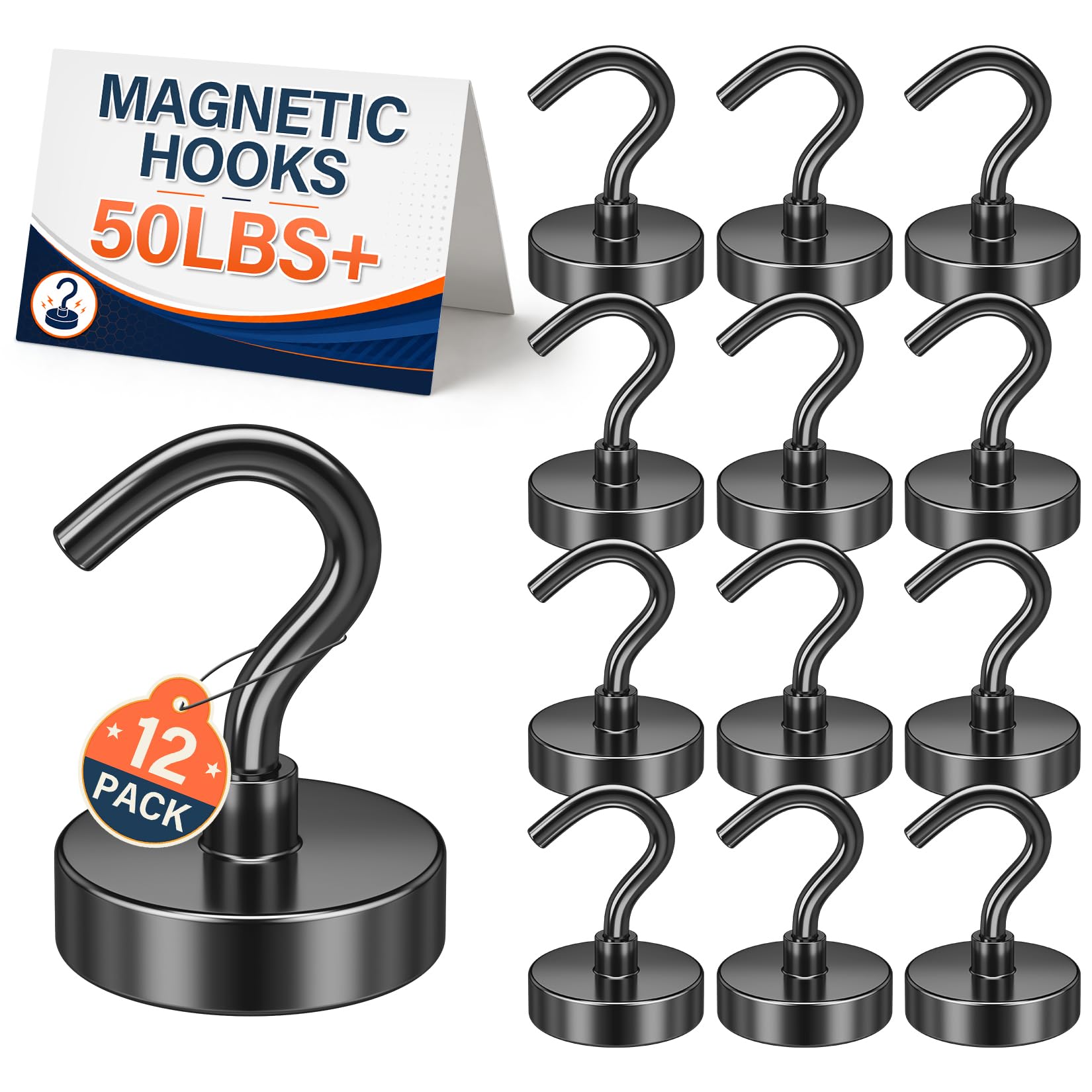 FINDMAG Heavy Duty Magnetic Hooks, 50LB+ Magnets with Hooks, 12 Pack Black