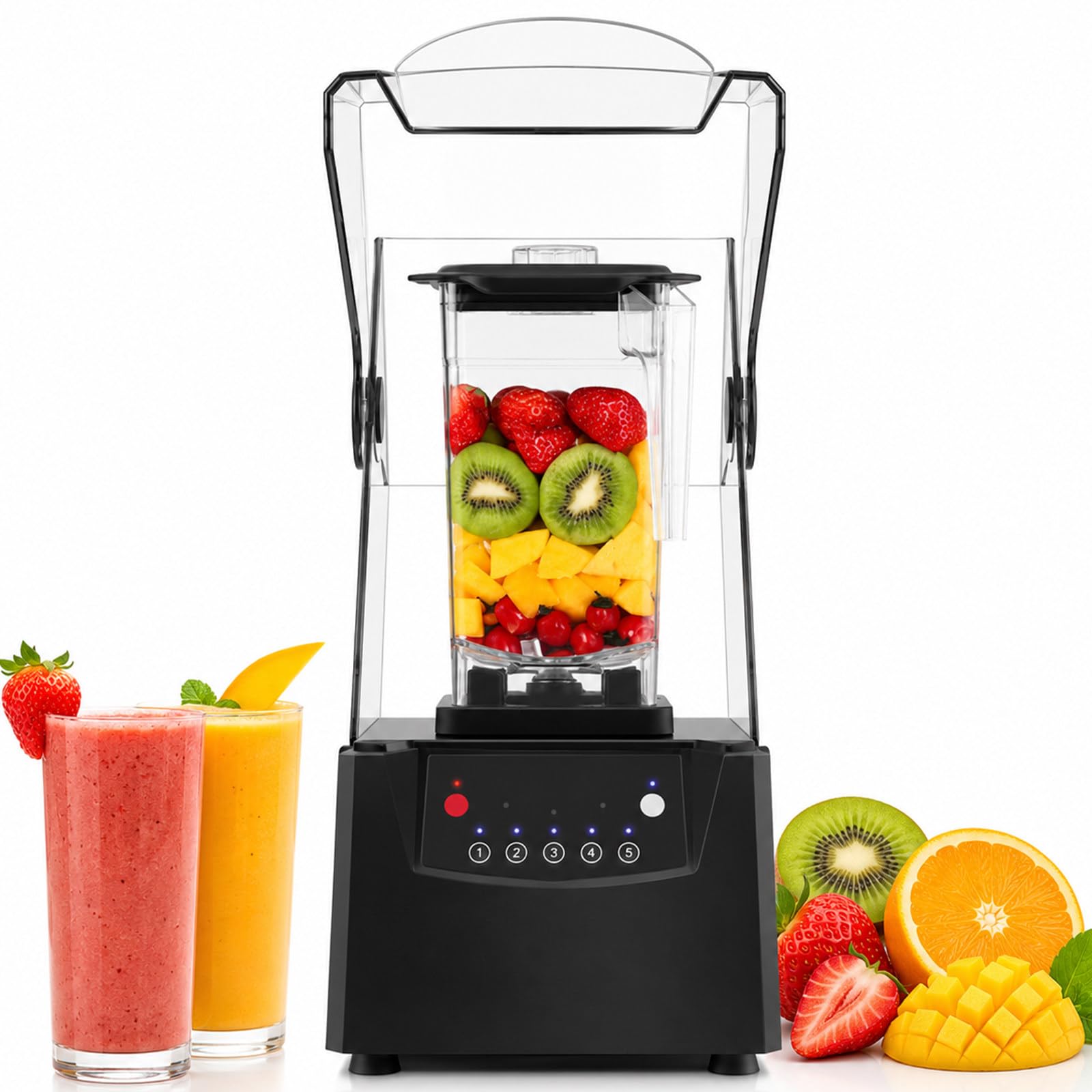 lilishangmao 2200W Blender Smoothie Maker, Heavy-Duty Commercial Blender with Soundproof Cover, 1.8L Container, 17,000 RPM Motor and Pulse Control, for Café/Bar/Club/Drink Stall/Canteen