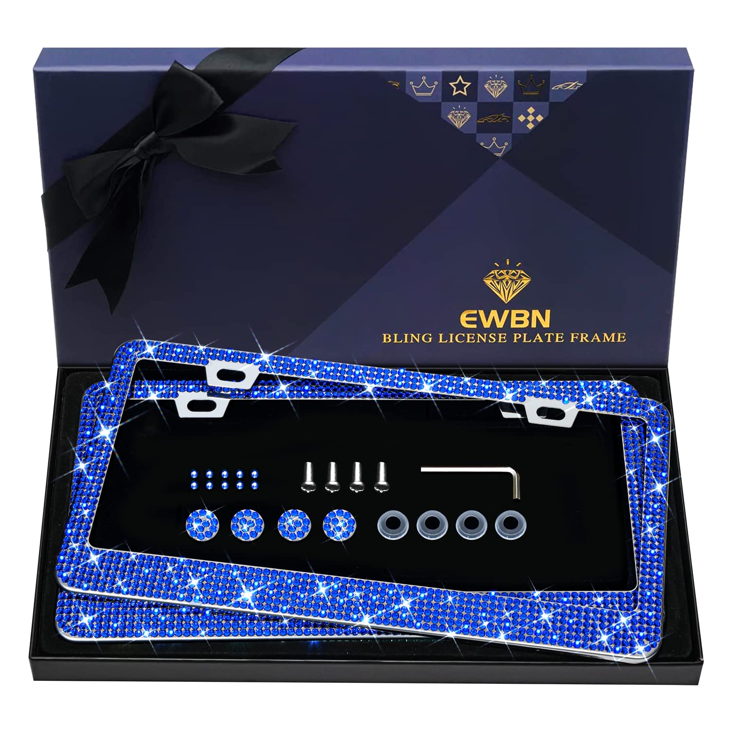 Bling Rhinestone License Plate Frame - 2PC Set, 1200+ Black Crystals, Stainless Steel, Fits USA/Canada Plates