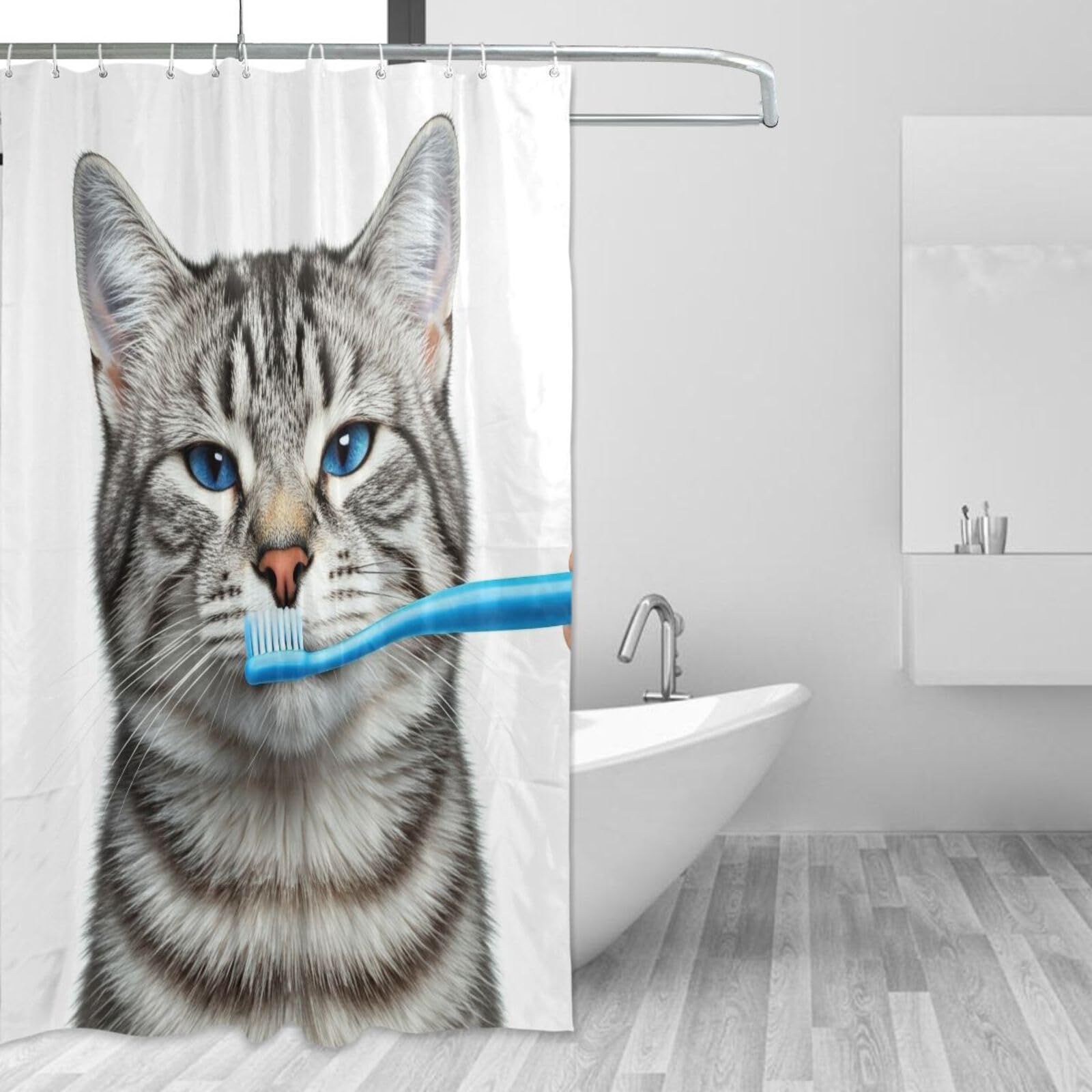 Rideau de douche anti-moisissure en tissu épais motif chat gris
