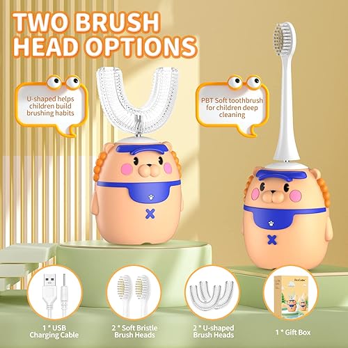 Miniatura 4 de RexCodar Cepillos de dientes eléctricos para niños, cepillo de dientes ultrasónico en forma de U, cepillo de dientes recargable de boca completa