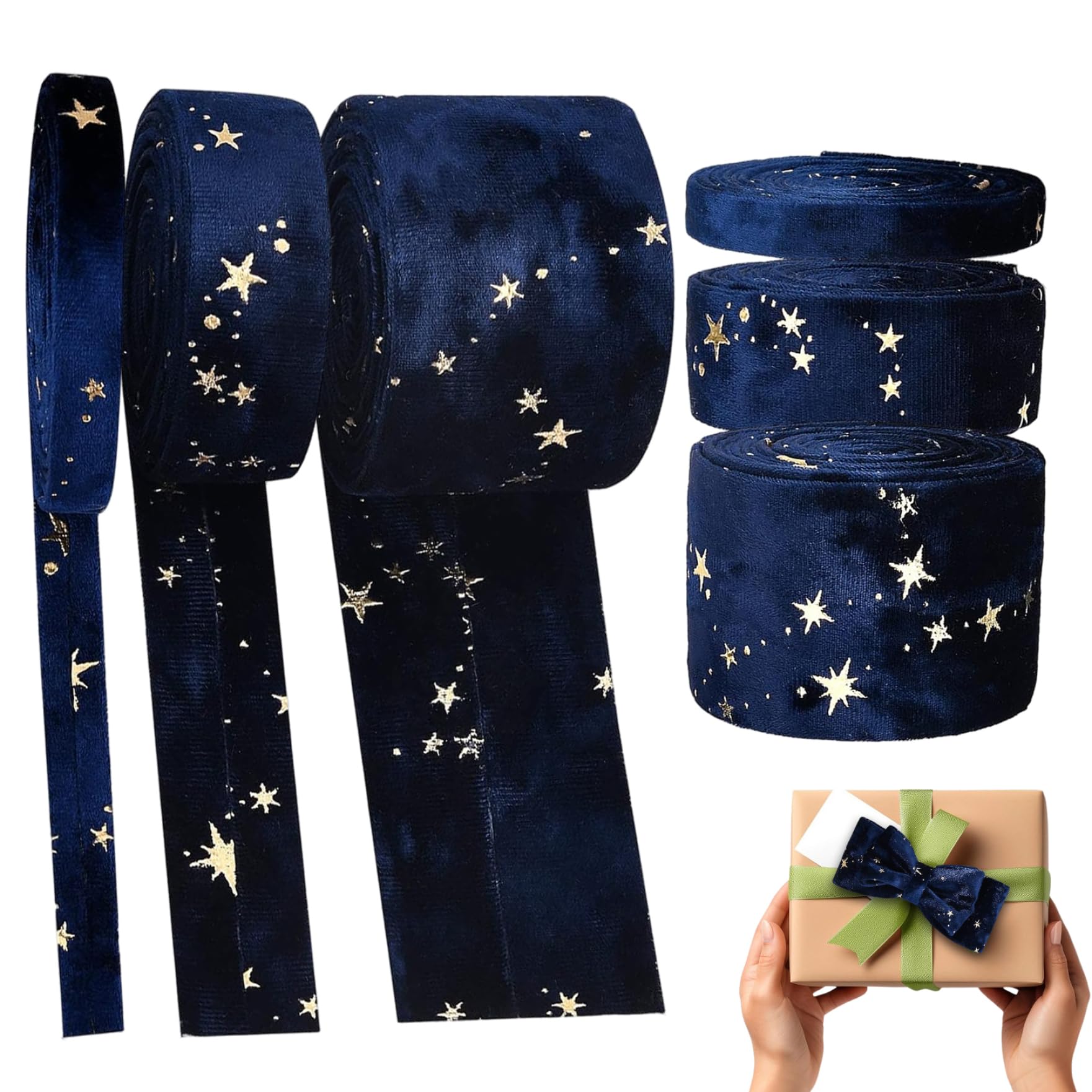 Licsaliwe Velvet Ribbon - 6Pcs Double Sided Star Velvet Ribbon Blue, 1cm/2.5cm/5cm Width for Hair Bows DIY Crafts Favor Wrapping