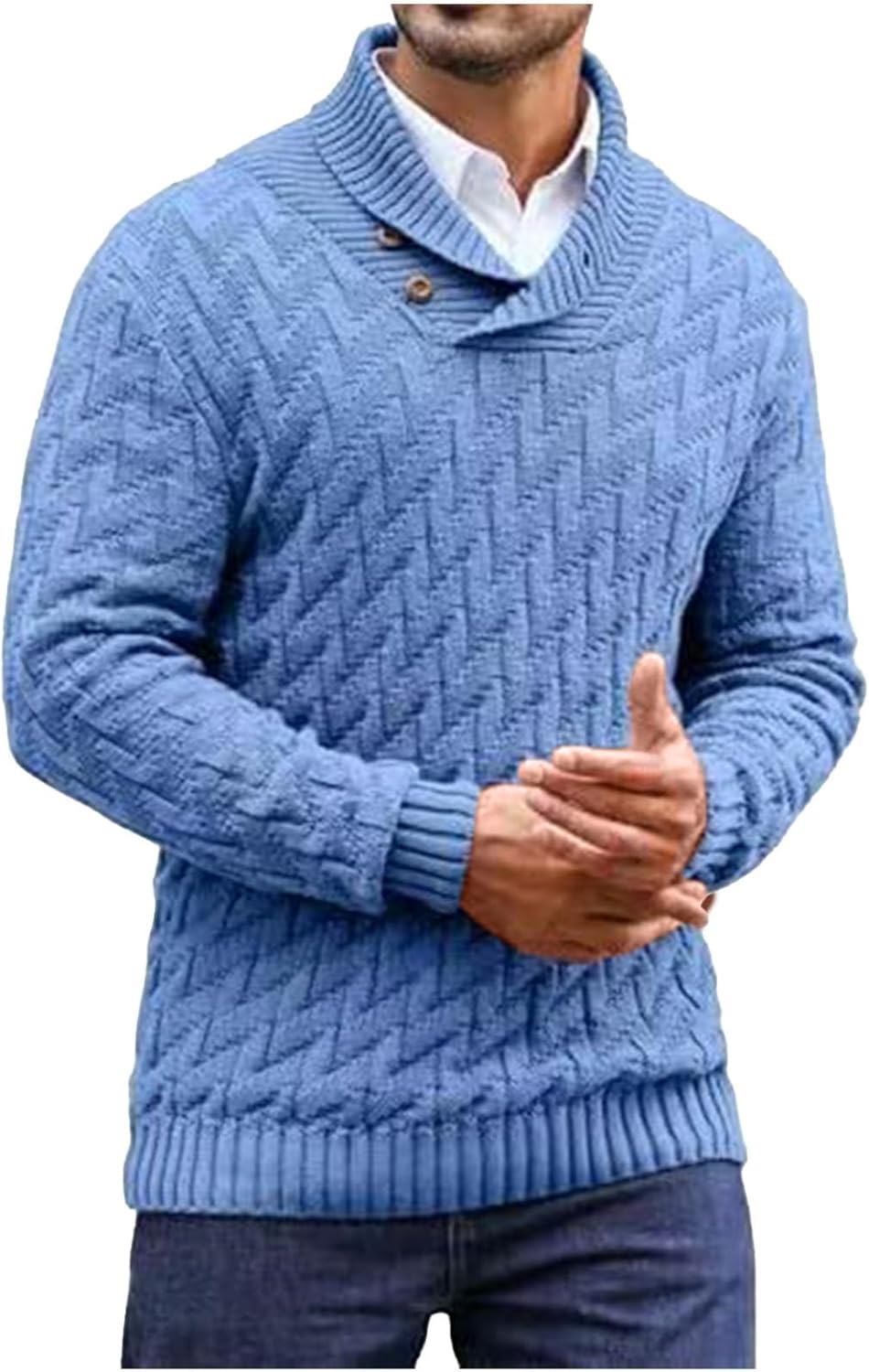 Men's Shawl Collar Sweaters V-Neck Relaxed Fit Cable Knitted Pullovers Tops Fall Winter Long Sleeve Casual Sweater