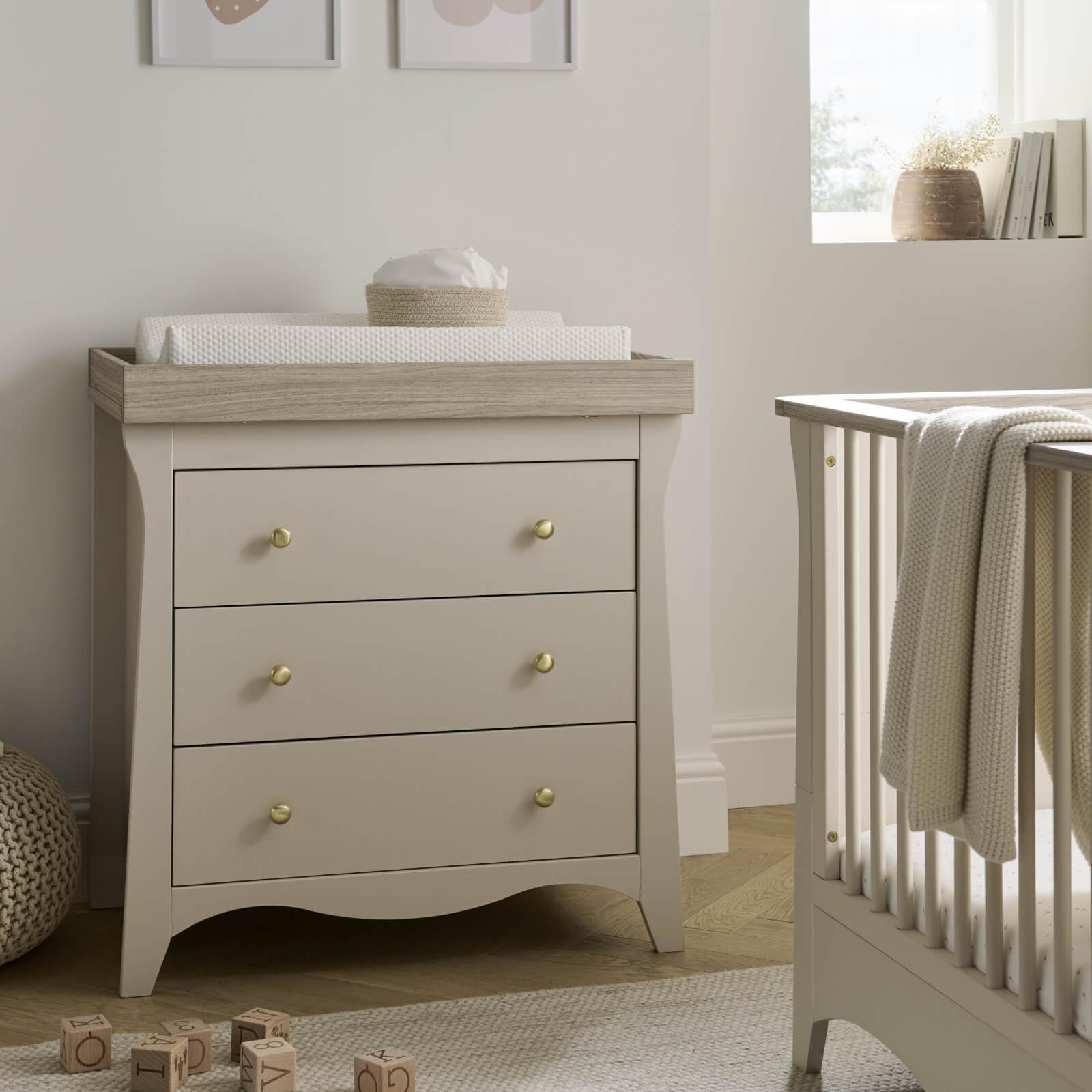 CuddleCo Clara Baby Changing Unit with Drawers - 2in1 Dresser & Changing Table with 3 Drawers for Clothes - Nappy Changing Station - Cashmere & Ash Nursery Furniture