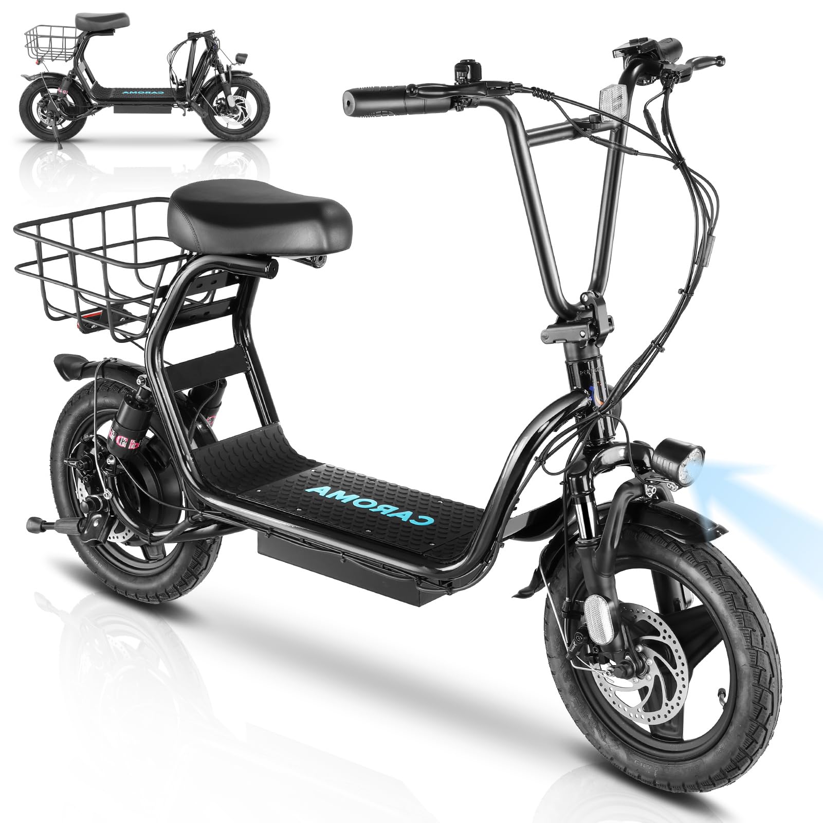 CaromaElectric Scooter for Adults with Seat, Max 30Miles Ranges, Top Speed 20mph, 500/800/1200W Peak Motor, 14" Tire Foldable E-Scooter for Commuting with Basket, Dual Braking Dual Suspension