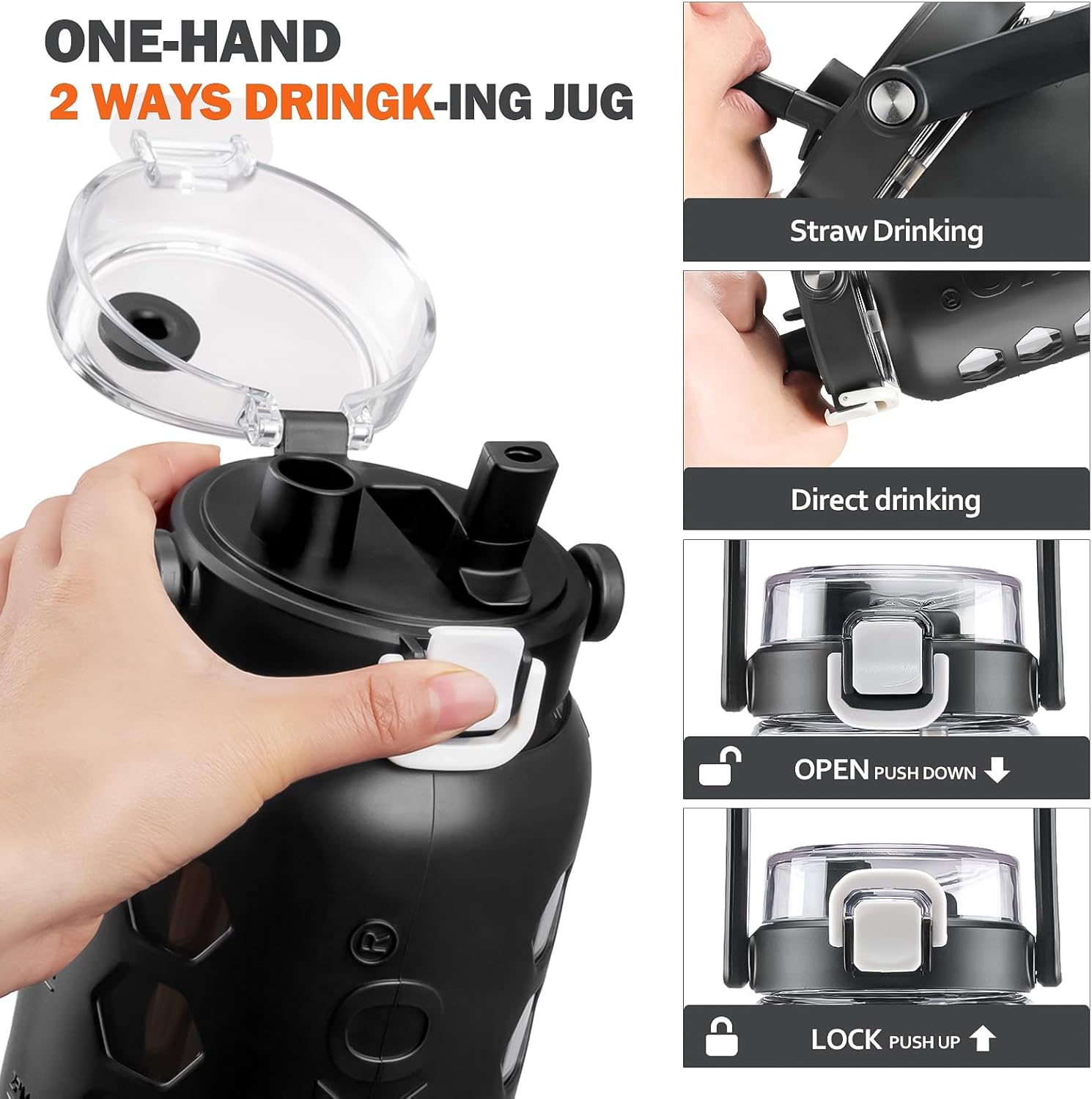 MUKOKO Half Gallon/64 oz Glass Water Bottles with Straw and Lid,Motivational Water Jug with Time Marker Reminder and Silicone Sleeve,100% Leakproof BPA Free Fitness Sports Large Bottle-Black - Image 5