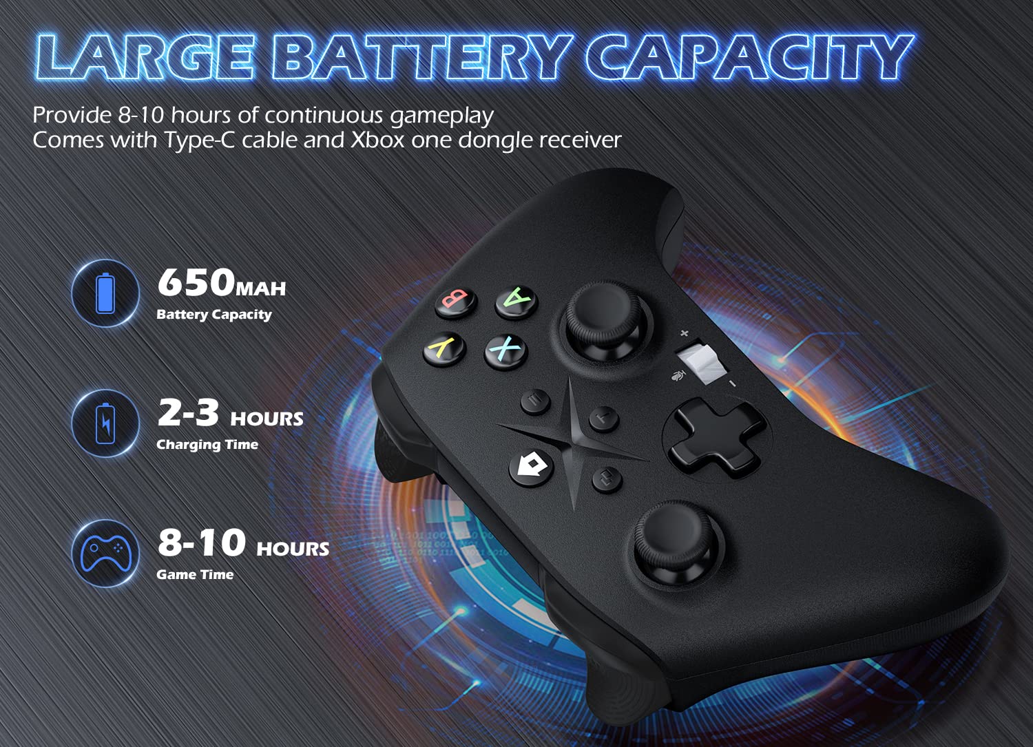 Image detailing battery capacity (650mAh), charging time (2-3 hours), and game time (8-10 hours) for the controller.