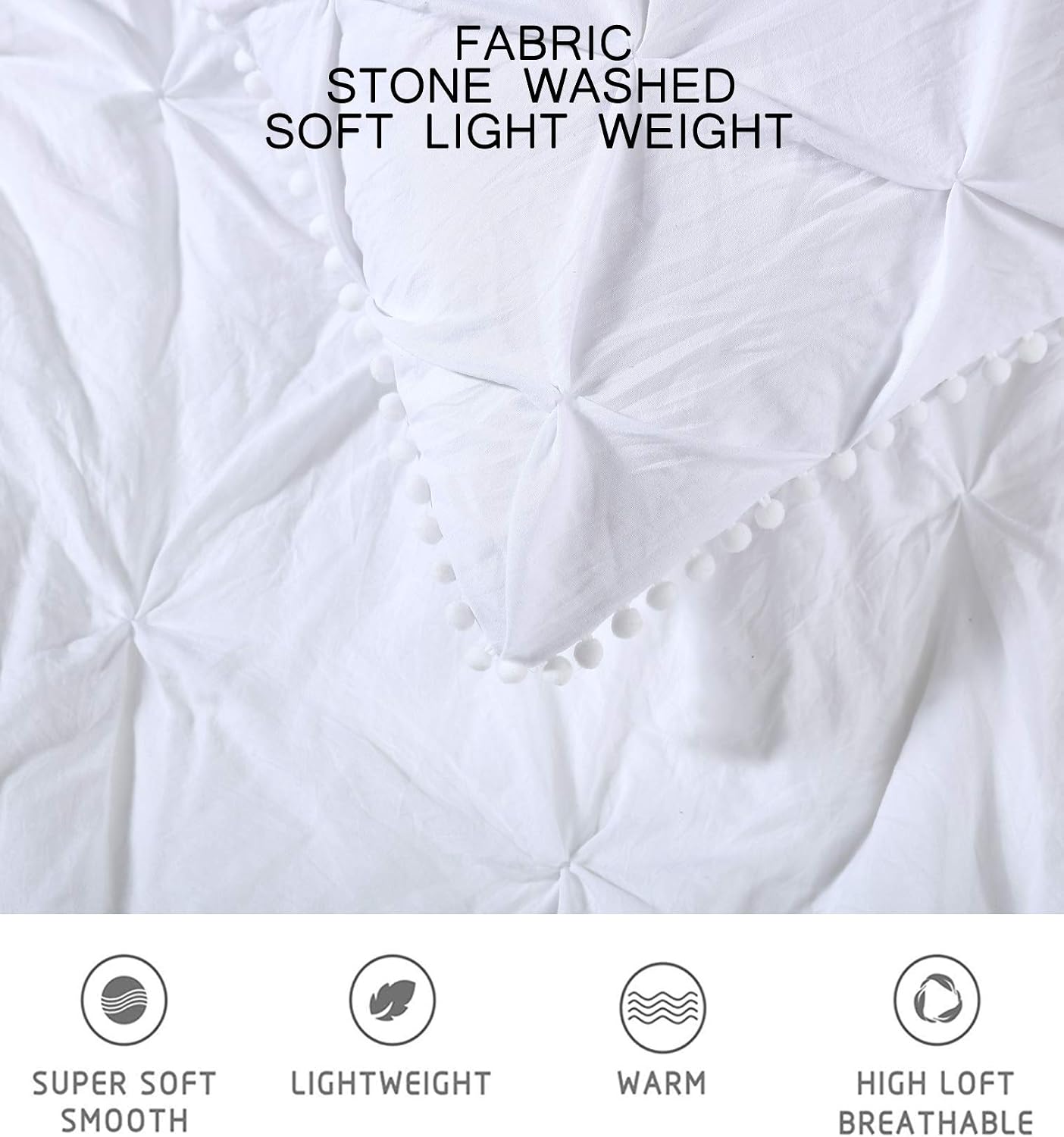 Chezmoi Collection Natalia 3-Piece Pom Pom Pinch Pleat Down Alternative Comforter Set,Soft Washed Microfiber Pinch Pleat Ball Fringe Bedding Set (Queen, White)