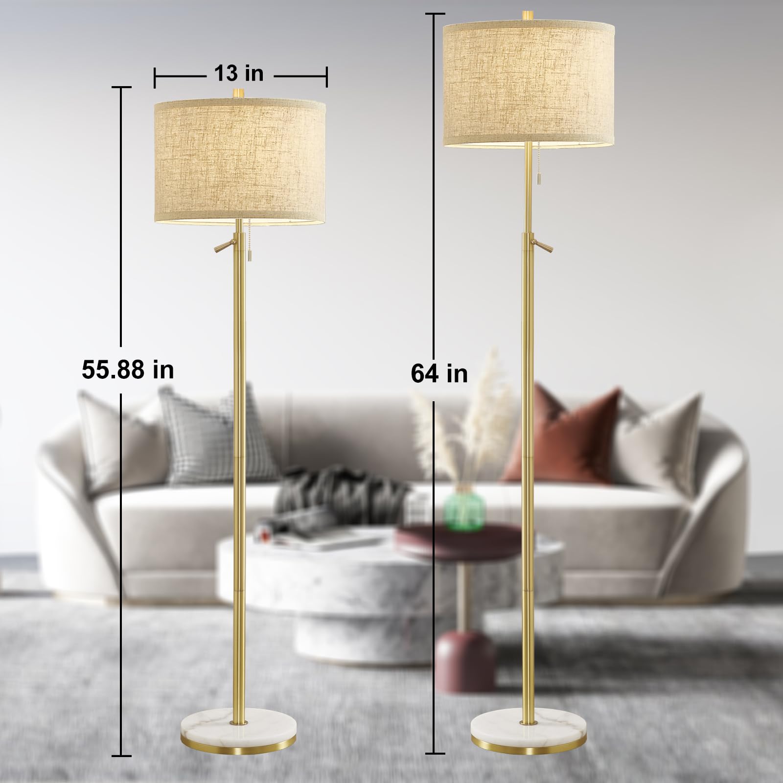 GyroVu Lámpara de pie para salón, dorada, con base de mármol y pantalla de lino, altura regulable con interruptor de cadena, lámpara de pie moderna para salón, dormitorio, hotel y oficina
