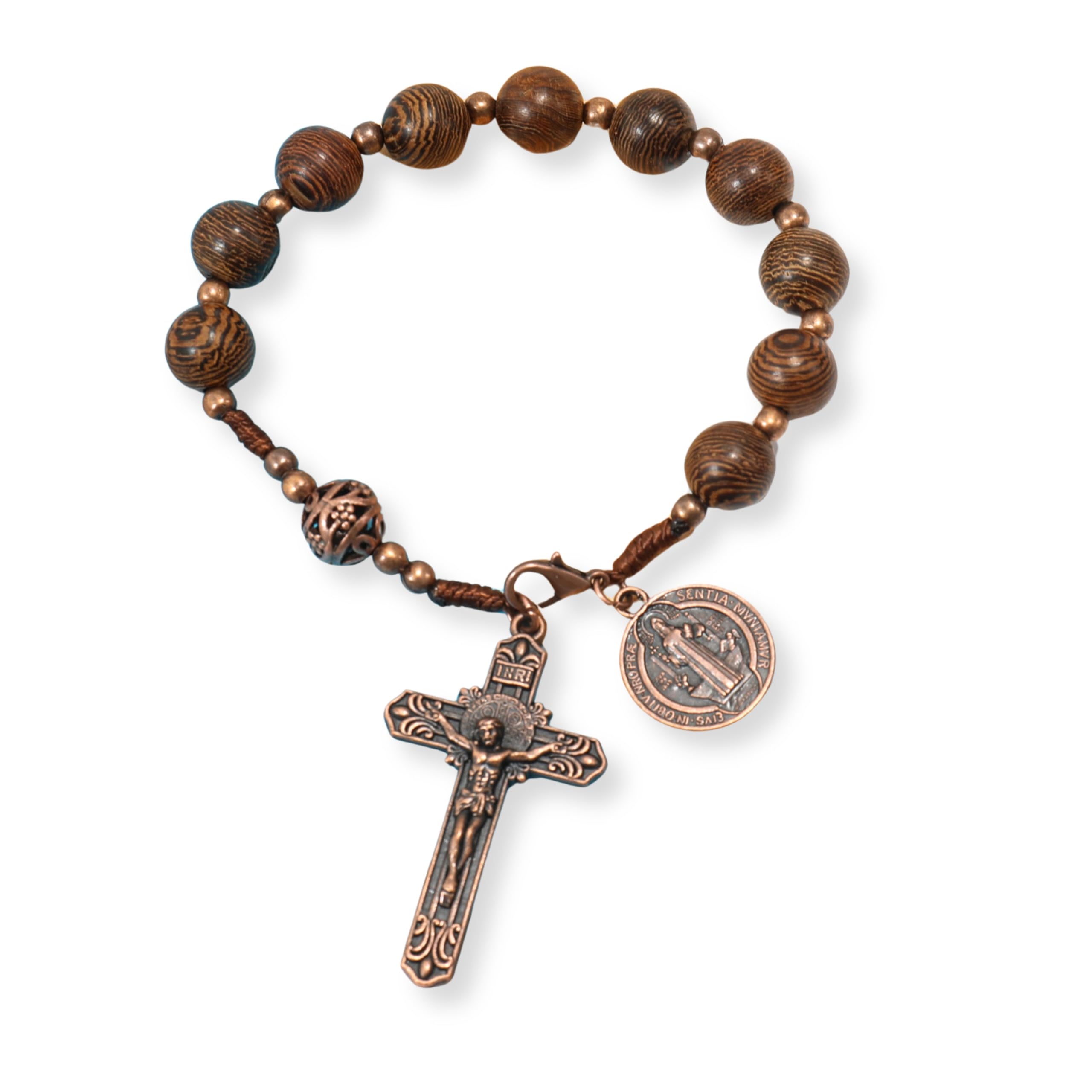 Nazareth Store Wood Beads One Decade Rosary Handmade Pocket Car Mirror with Saint Medal and Jesus Cross in Antique Bronze Wooden Travel Friendly Rosary