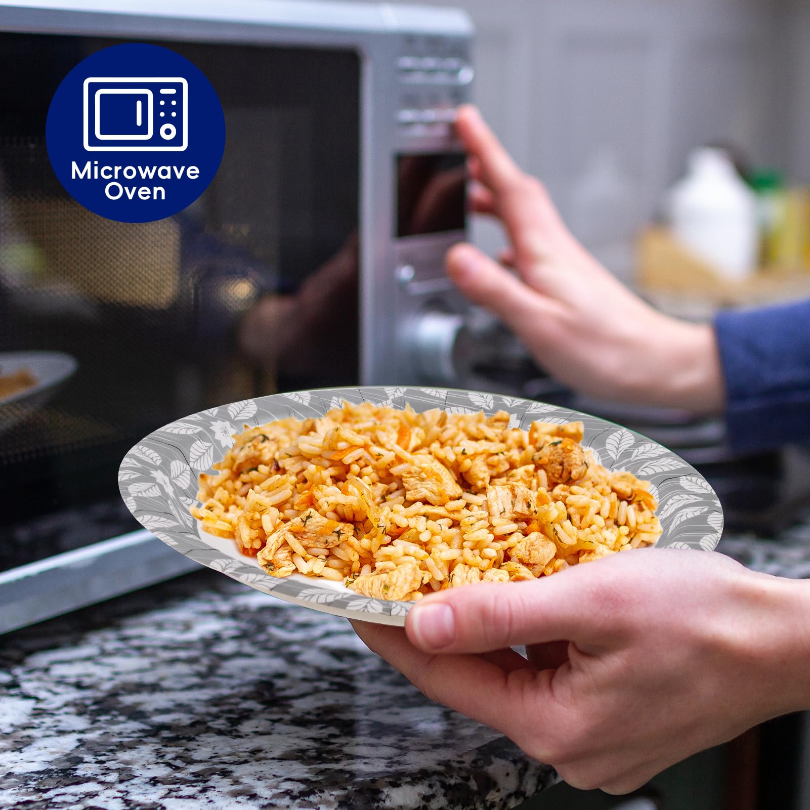 JOLLY CHEF Platos de papel desechables de 10 pulgadas, paquete de 140 platos impresos resistentes, a prueba de remojo, a prueba de cortes, aptos para microondas para uso diario