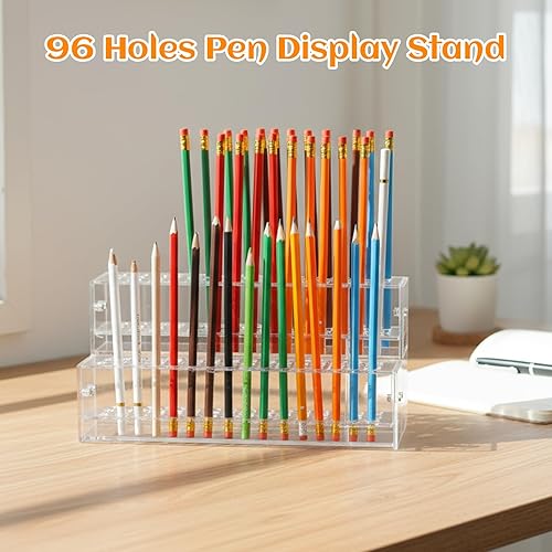 Miniatura 5 de Tolare 2 soportes para bolígrafos de acrílico transparente de 2 niveles con 96 ranuras, soporte de exhibición de acrílico con múltiples agujeros