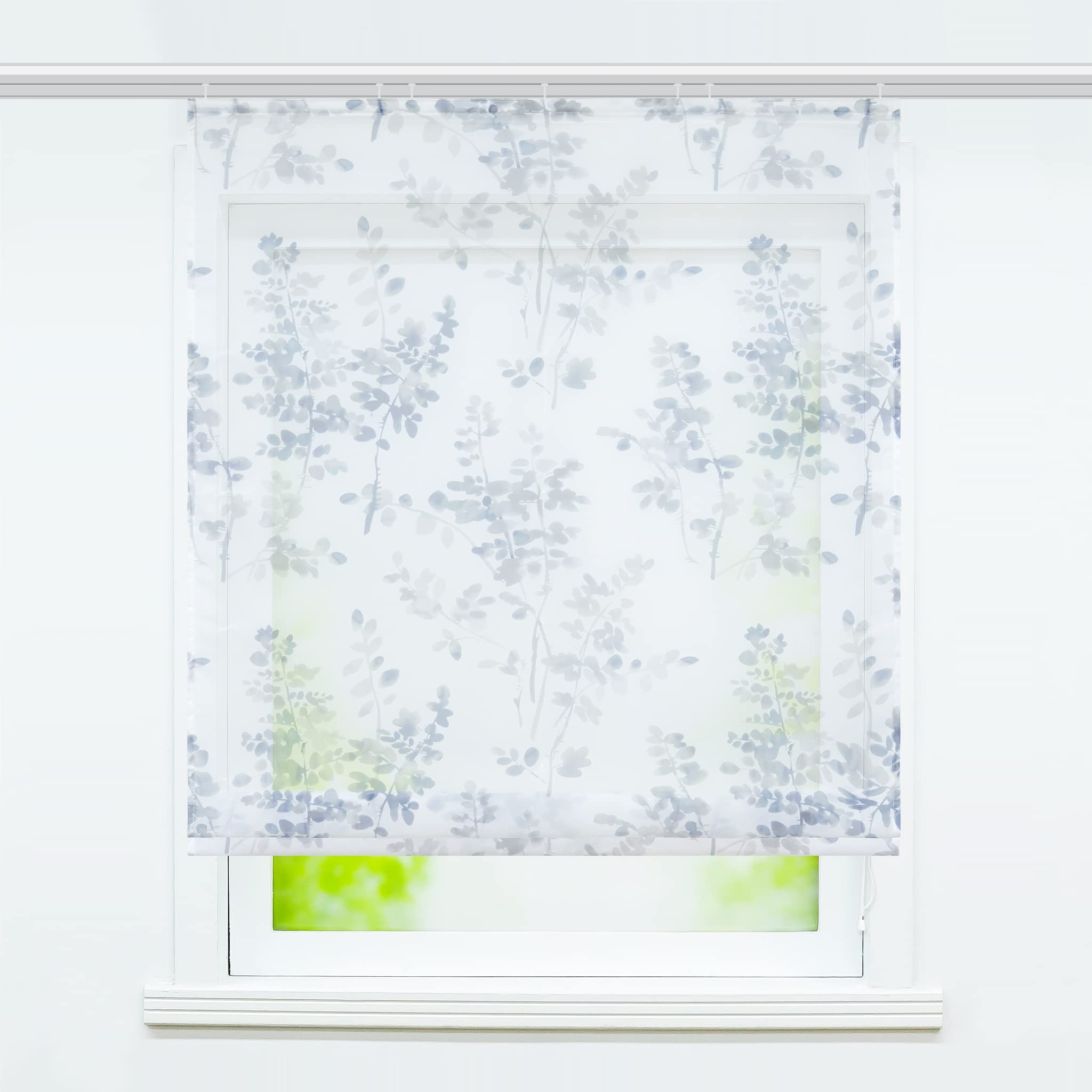 Joyswahl Voile Raffgardine mit Klettband »Luca« Floral Motiv Raffrollo mit Klettschiene halbtransparente Küche Gardine,Grau BxH 120x140cm 1 Stück